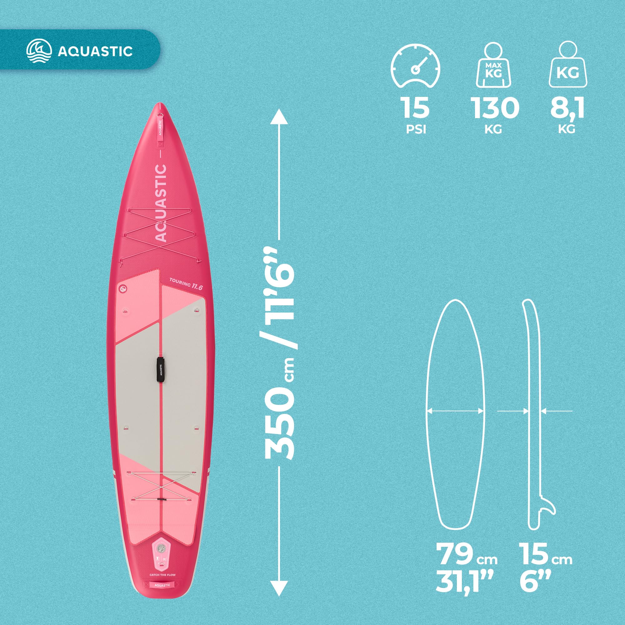 AQUASTIC Touring nadmuchiwana deska SUP 350 x 79 x 15 cm, maksymalne obciążenie 130 kg, pierścienie D do siedzenia kajakiem