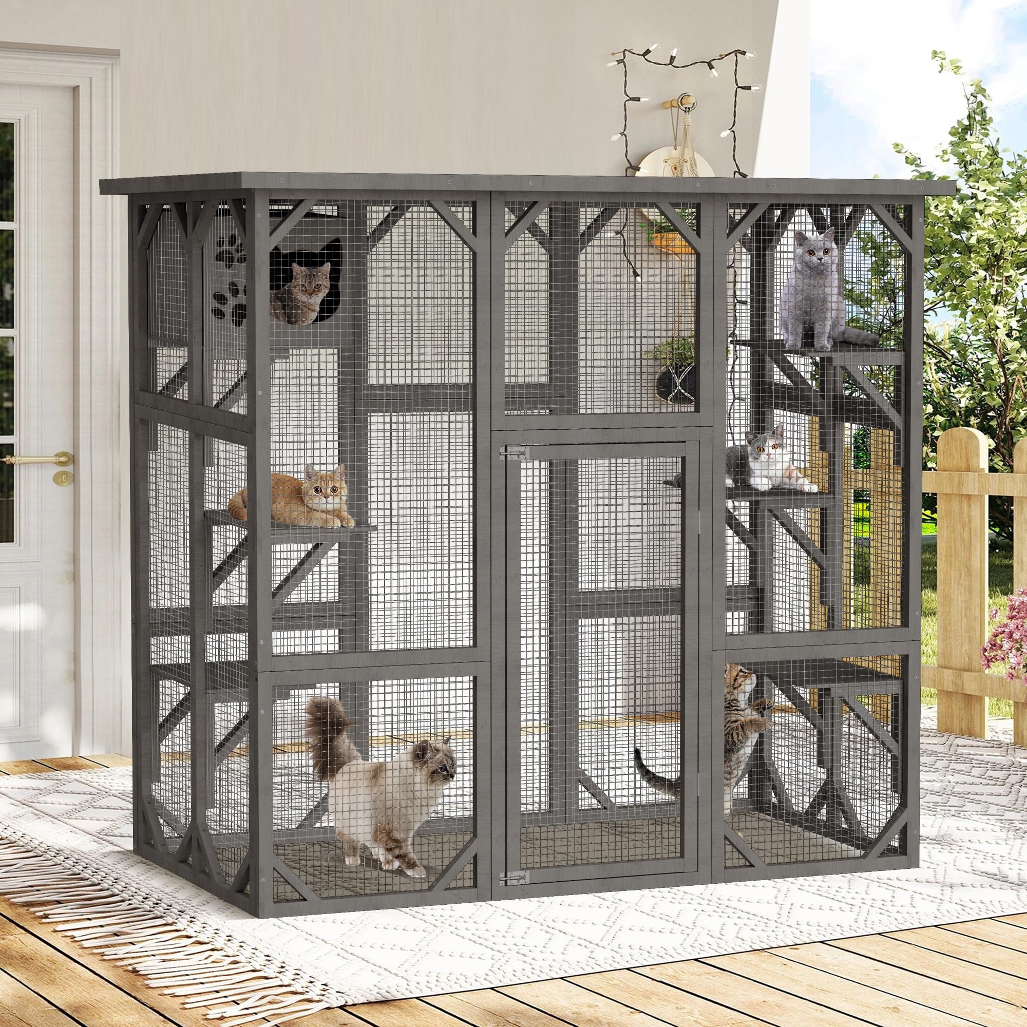 Dephet Catio Cat House Cage Enclosure, Outdoor/Indoor Wooden Cat Enclosures with Separate Kennel, 5 Large Platforms and Waterproof Asphalt Roof for