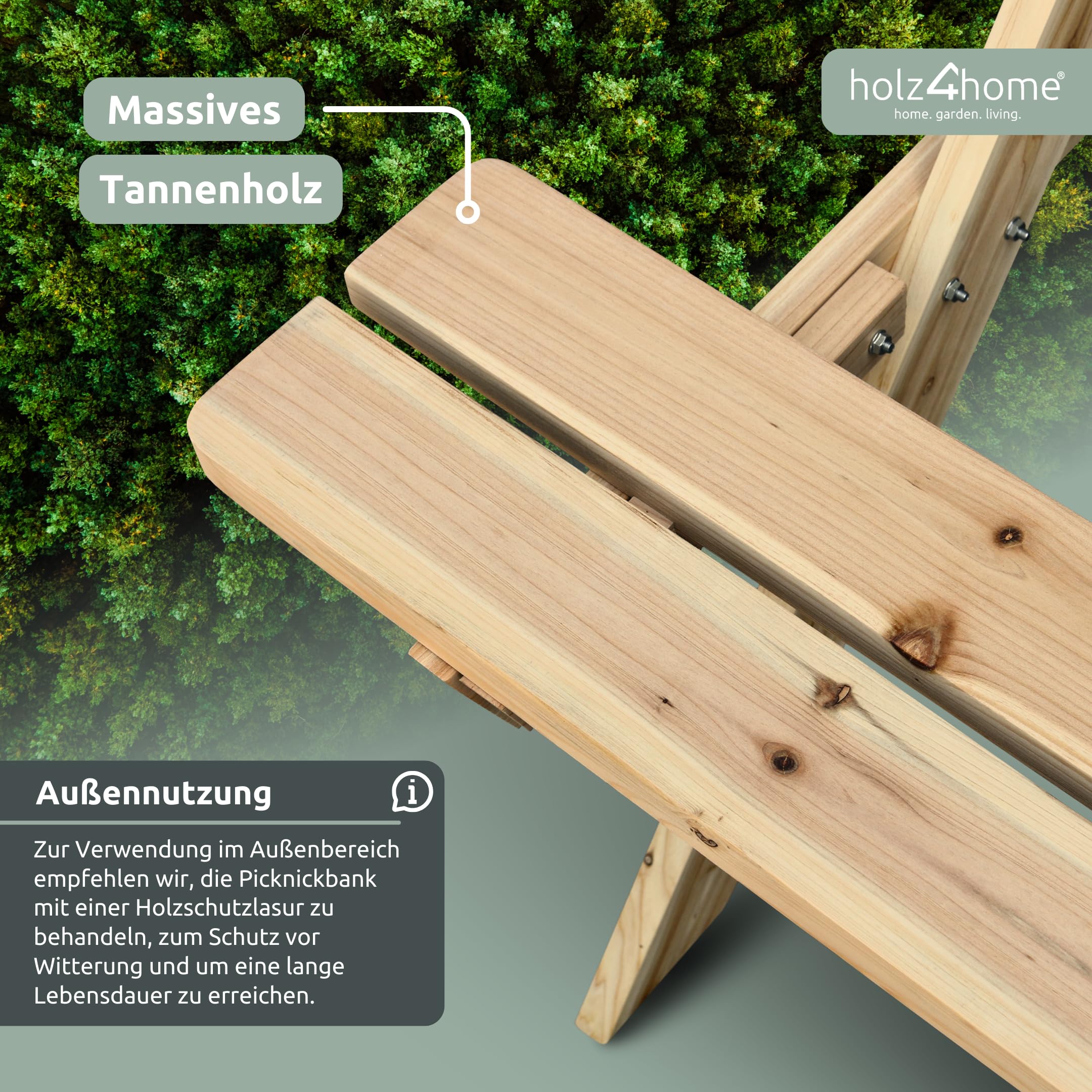 holz4home® Picknickbank aus Holz I Outdoor Sitzbank mit Tisch I Picknicktisch Massivholz Gartenmöbel I Naturholz Sitzgruppe Tisch mit Bänken I Für Garten Terrasse Gastronomie (140 cm)
