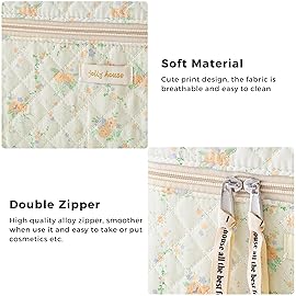 HBselect Quilted Makeup Bag, 3PCS Cotton Large Travel Makeup Bag, Cute Floral Coquette Make up Bag Cosmetic Bag Toiletry Bag for Women Girls