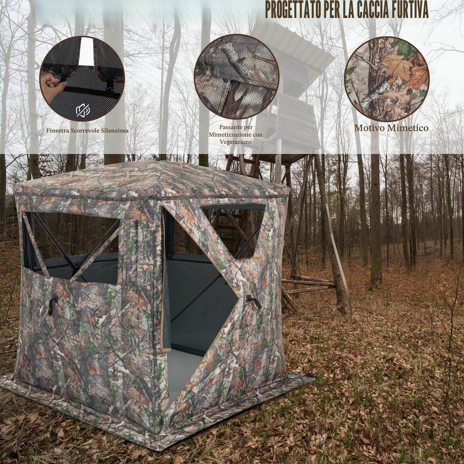 KOMFOTTEU Tenda da caccia per 2/3 persone, tenda da caccia con borsa per il trasporto, tenda da campeggio con finestra, tenda da lancio pieghevole per caccia, mimetica