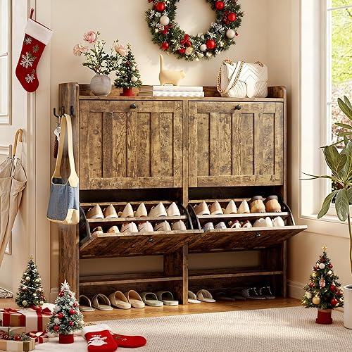 Vista 13 de Gizoon Gabinete para zapatos con almacenamiento abierto, gabinete para zapatos para entrada, estante estrecho independiente con 2 cajones abatibles