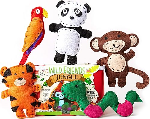 BRYTE Kit de costura para niños, animales de la selva, multicolor, 5 animales de fieltro precortados, a partir de 7 años, fácil de coser para