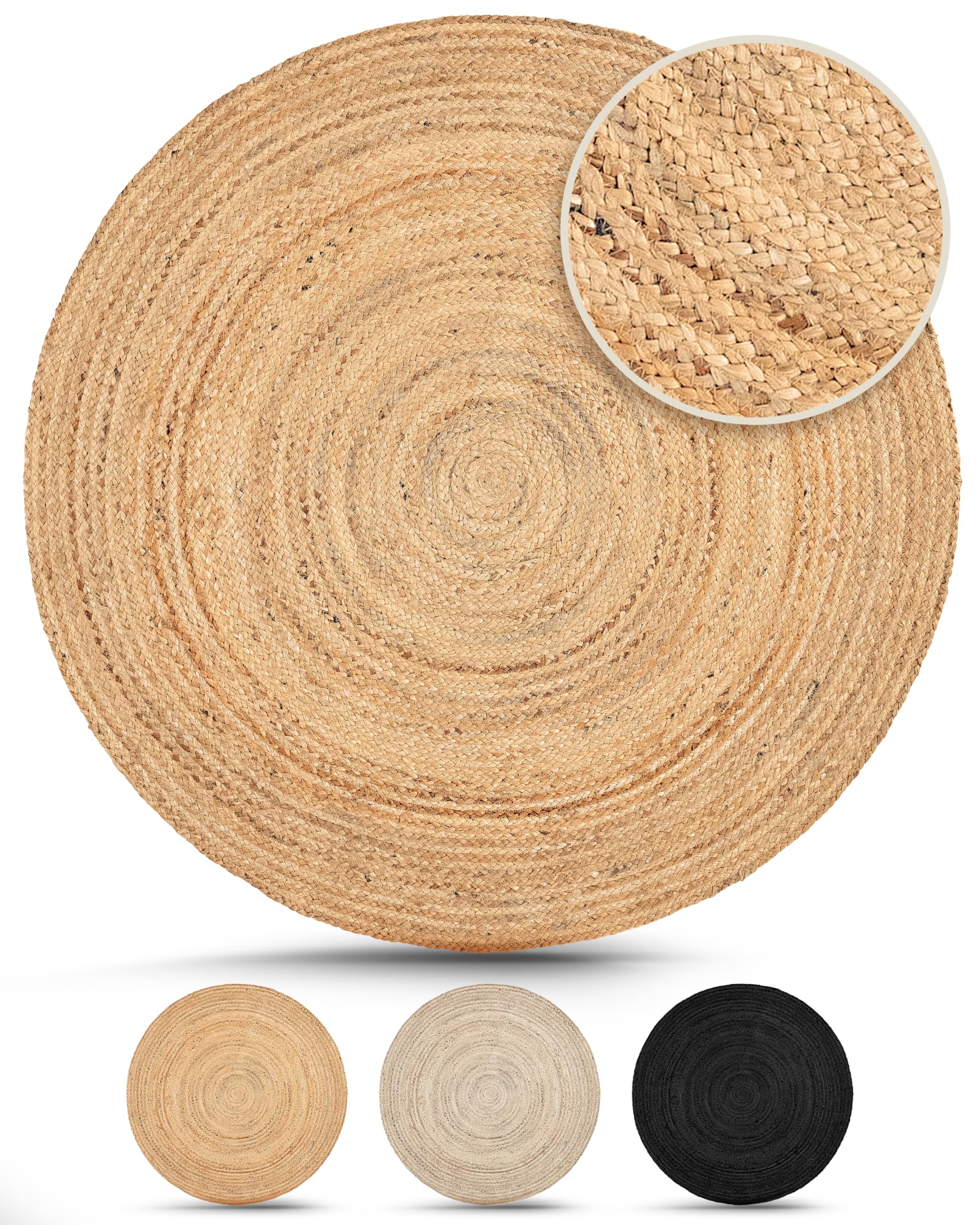 carpetfine Juteteppich Nele Beige handgewebt aus Jute Ø 60 cm | Kleiner Naturfaserteppich Rund im Boho Style für Wohnzimmer, Küche und im Flur
