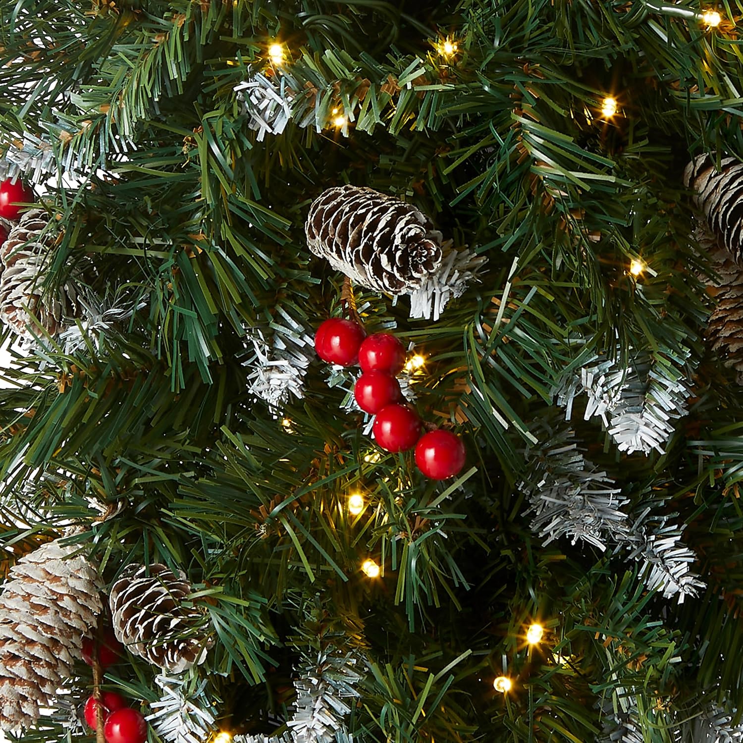 National Tree Company 36 in Pre-Lit Frosted Berry Artificial Christmas Teardrop, Christmas Decoration with Pinecones, Red Berries, 50 Clear LED Lights, 147 Tips, Timer, Green