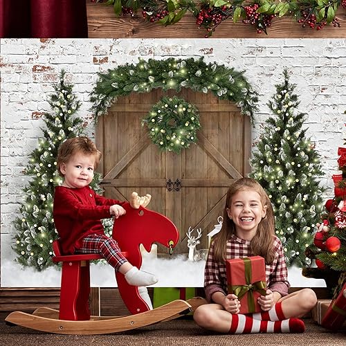 Miniatura 4 de Mocsicka Telón de fondo de fotografía de casa de madera de Navidad, árbol de Navidad, corona de nieve, fondo fotográfico, puerta de granero rústica,