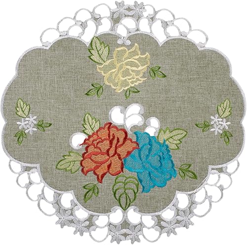 Bordado colorido suroeste rosa sobre mantel individual redondo verde, mantel individual (redondo de 15 pulgadas)