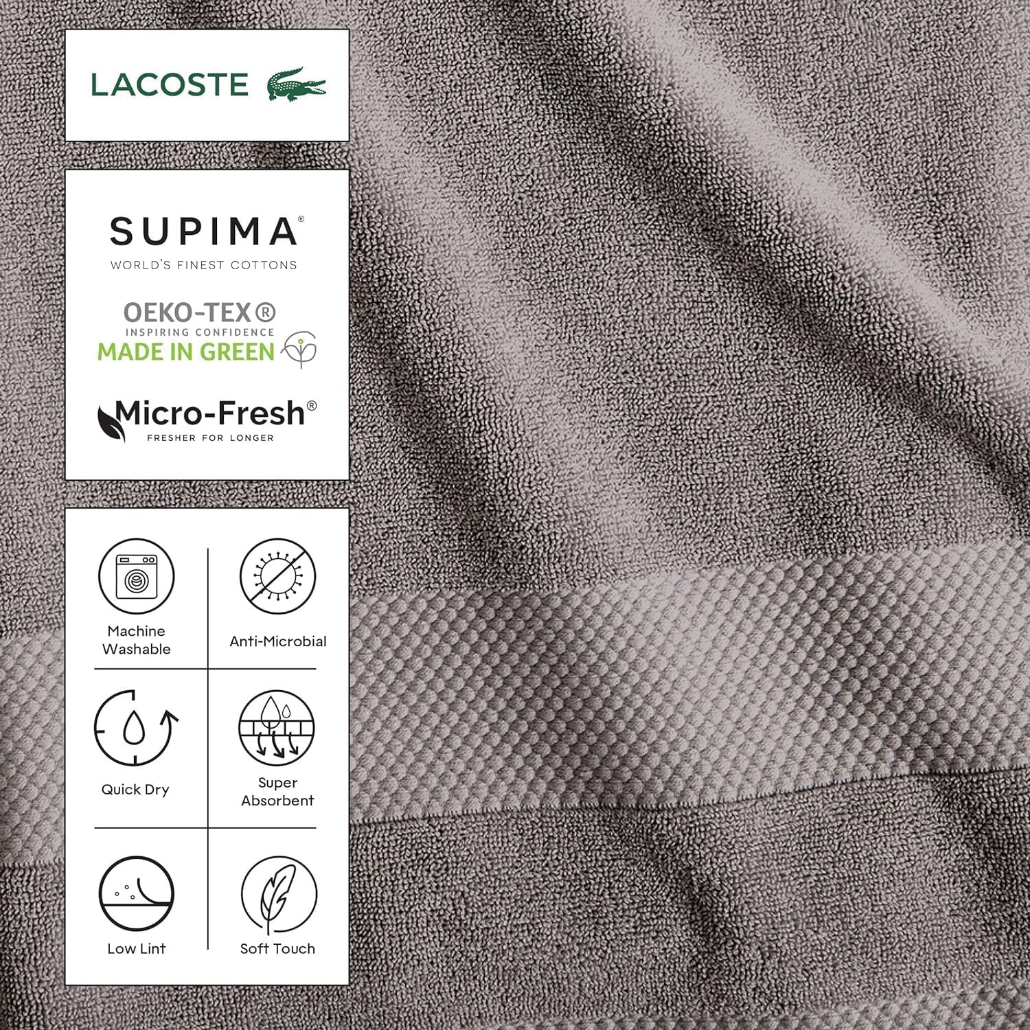 Lacoste Heritage Supima Cotton 6-Piece Towel Set, 2 Bath Towels, 2 Hand Towels, 2 Washcloths, Surf Blue – Highly Absorbent & Quick Drying, Bathroom Essential, Machine Washable