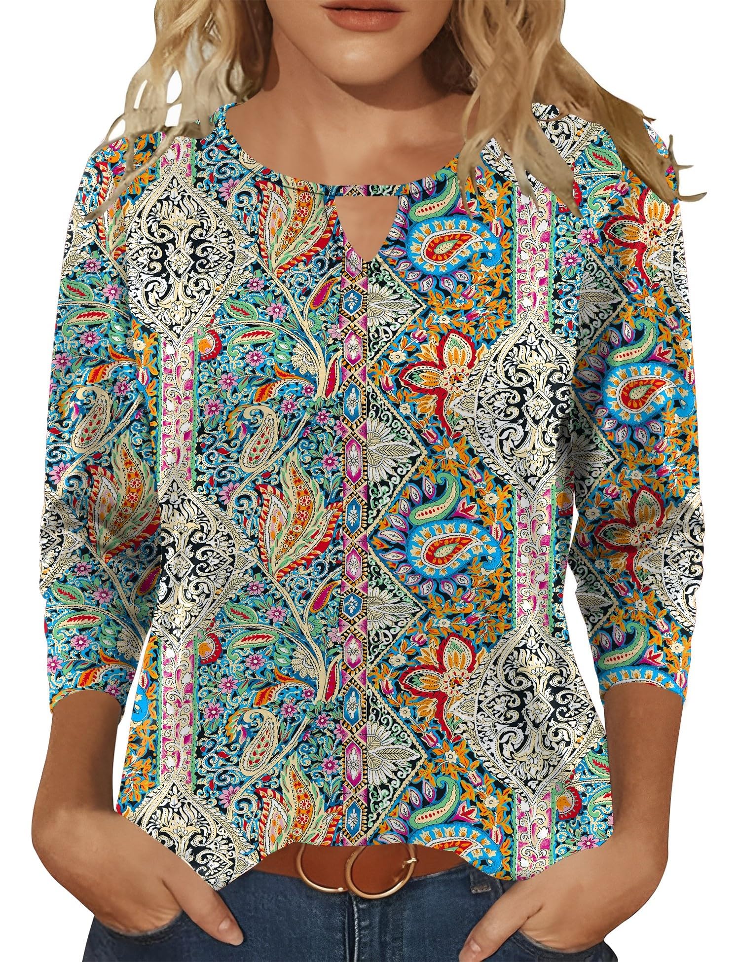 Romanstii 3/4 Length Sleeve Womens Tops Keyhole Crewneck Shirts Business Dressy Casual Tunic Blouses Summer Basic Tees