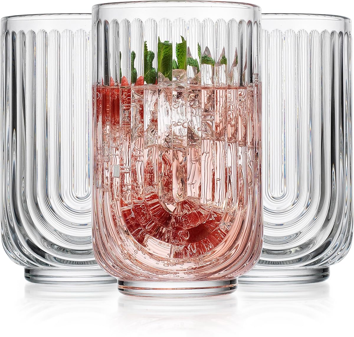 Juego de vasos para beber Glaver de 8. Tazas para beber vintage de 17 oz. Copas de cóctel onduladas, copas de vidrio Highball acanaladas. Cristalería Art Déco diseñada por Arch para café con jugo de agua. El paquete puede variar