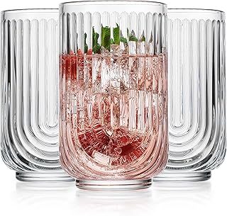 Glaver's Drinking Glasses Set of 8. 17oz Vintage Drinking Cups. Ripple Cocktail Glasses, Ribbed Drinking Highball Glass Cups. Arch Designed Art Deco Glassware for Water Juice Coffee. Package may Vary