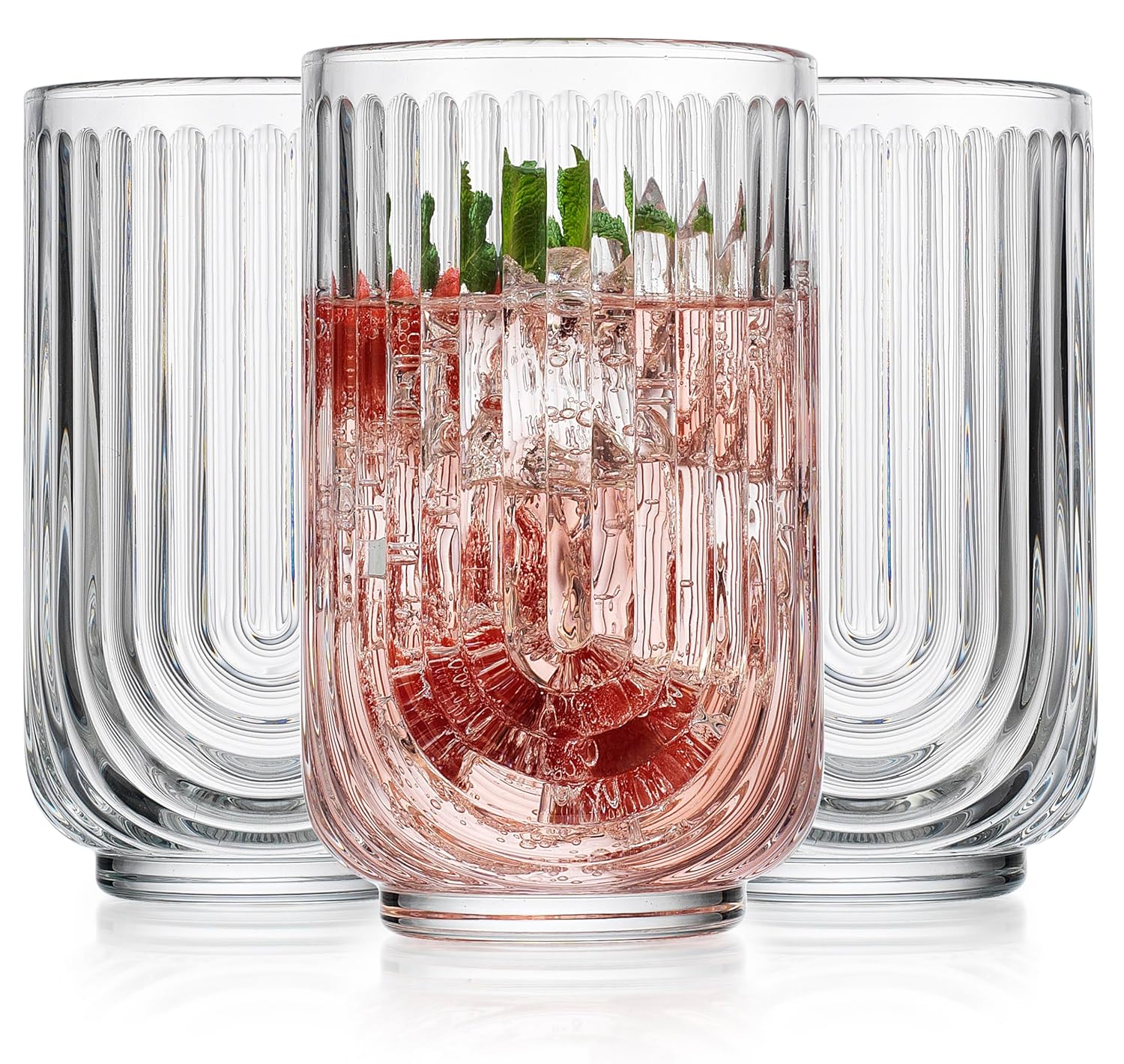 Glavers Drinking Glasses Set of 8 17oz Vintage Drinking Cups Ripple Cocktail Glasses Ribbed Drinking Highball Glass Cups