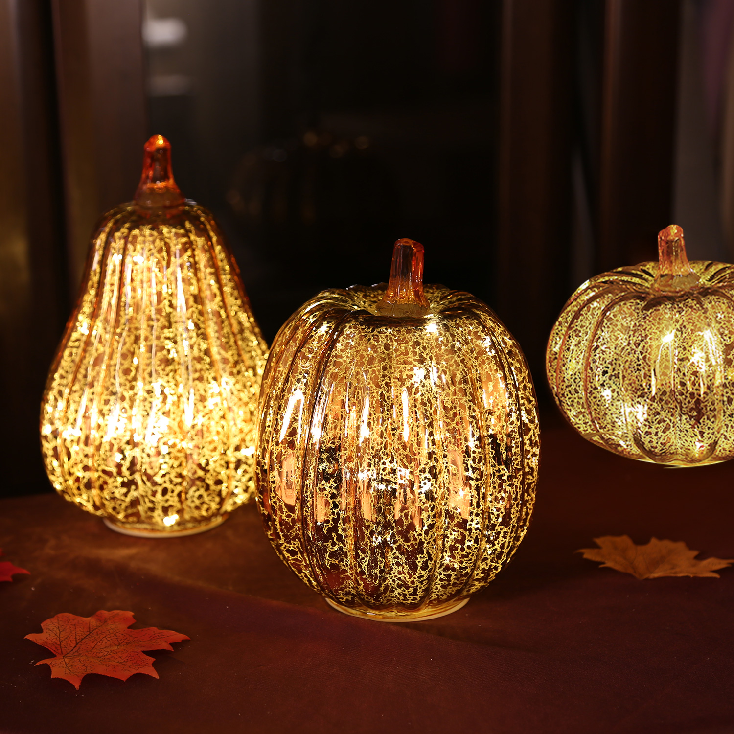 Image of Romingo Mercury Glass Pumpkin Light with Timer for Halloween Pumpkin Decorations Fall and Thanksgiving Christmas Decor,Gold, 5.5 inches