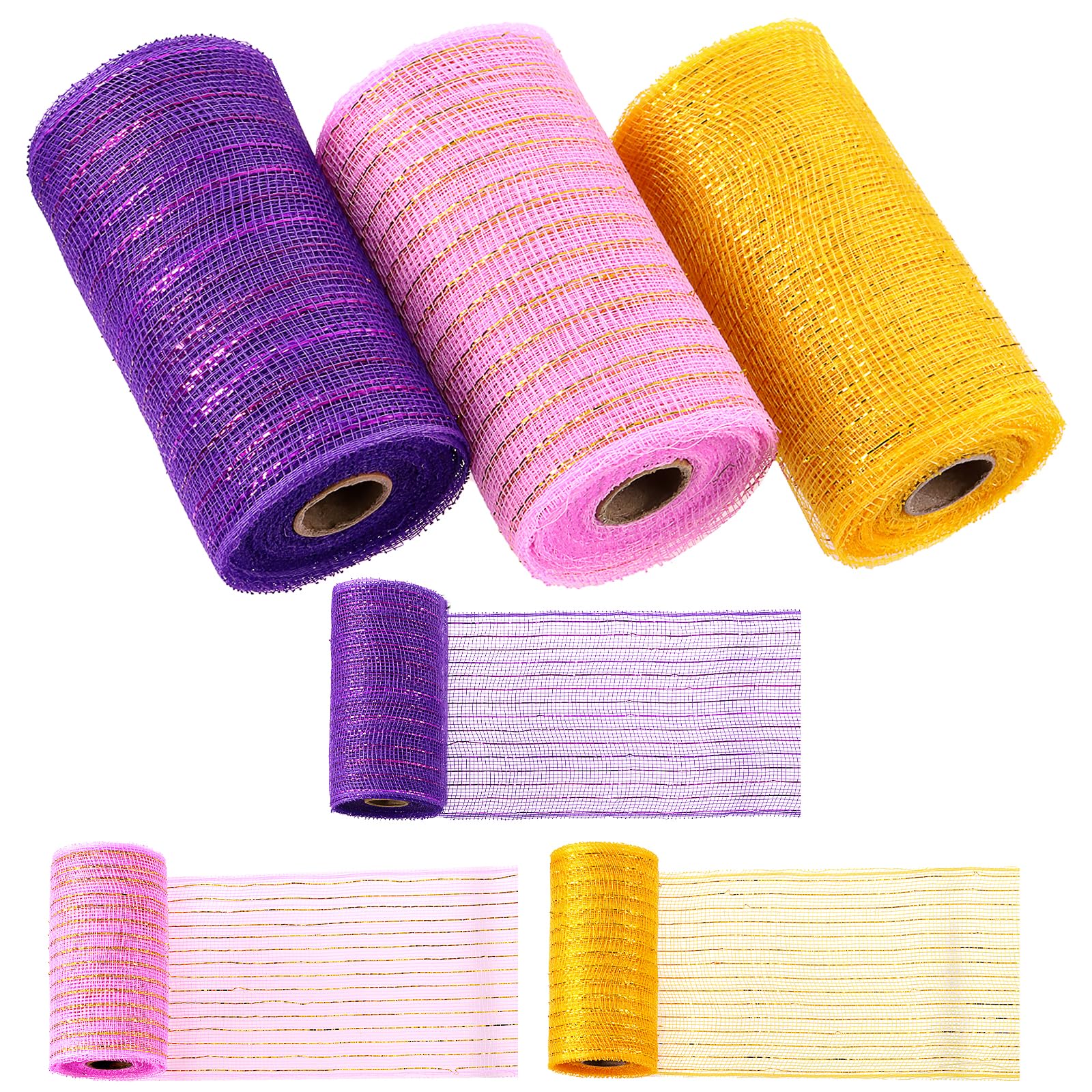 Swpeet 3 Rolls 6 Inches Mesh Ribbon Kit, Glitter Tulle Fabric Spool Metallic Foil Mesh Ribbon for DIY Project Wreaths Party Decorations Wrapping Craft