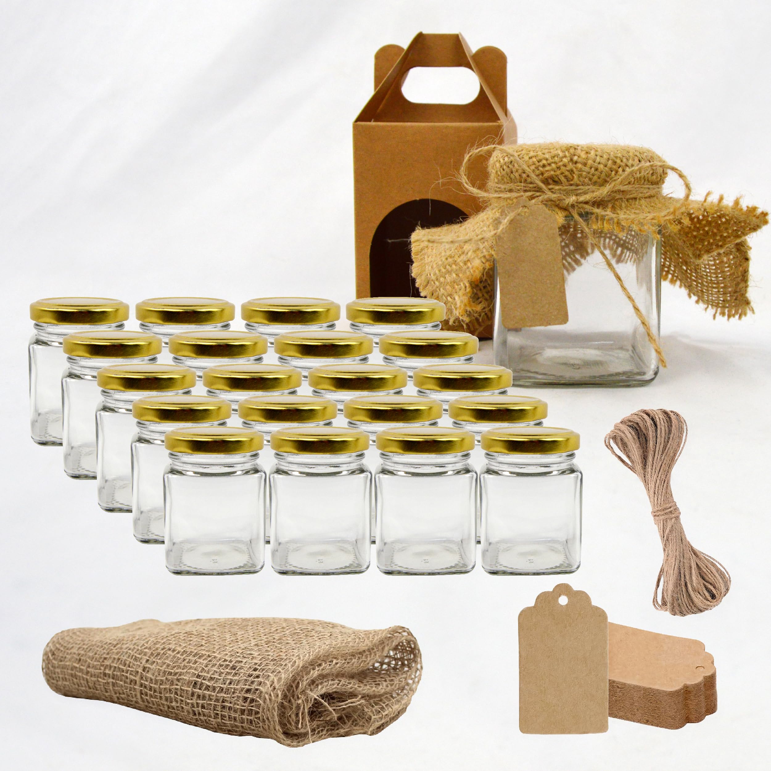 Espirito Rebelde Set 20 Barattoli di Vetro Quadrati 150 ml + 20 Scatole, Etichette Kraft, Tessuto e Spago – Vasetti per Spezie e Marmellata | Bomboniera
