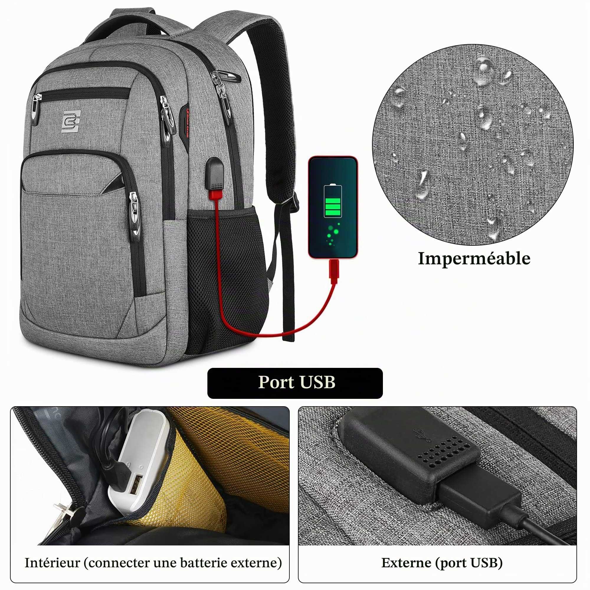 VARLIVOO Hommes/Femmes Sac à Dos USB Port Collège Daypack Ordinateur Portable 15,6" Pouces Haute Capacité Antivol Sacs D'école Travail Université Voyager Imperméable Polyester Gris Clair