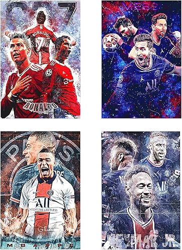 Pósteres de Superestrellas de fútbol Cristiano Ronaldo Lionel Messi Kylian Mbappe y Neymar - Pósteres en lienzo para decoración de pared para