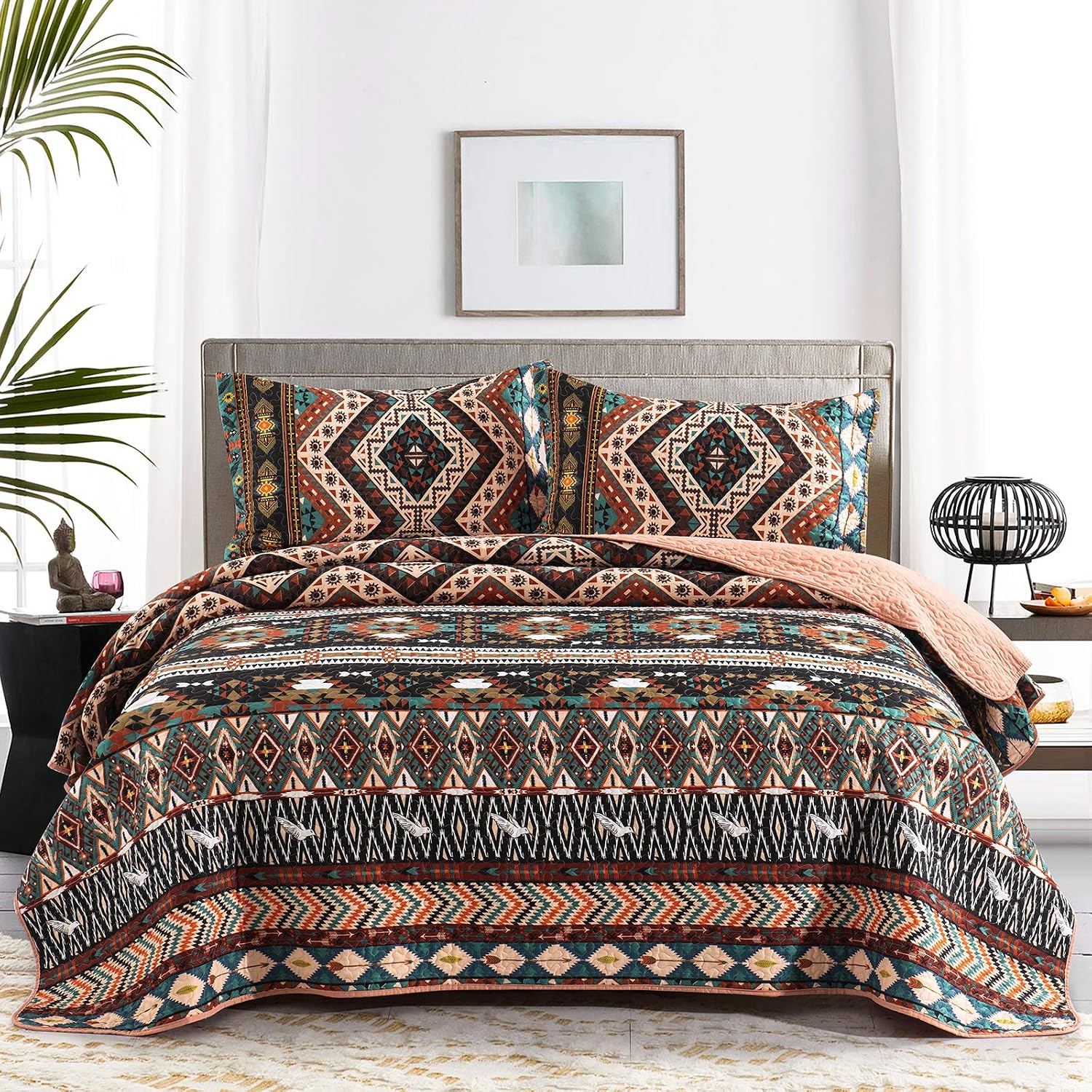 Boho Quilt Set, Southwestern Design Quilted Bedspreads Queen Size 90"x96" with Birds Pattern Print, Soft Microfiber Lightweight Coverlet with 2 Pillow Shams for All-Season, Gift for Mom