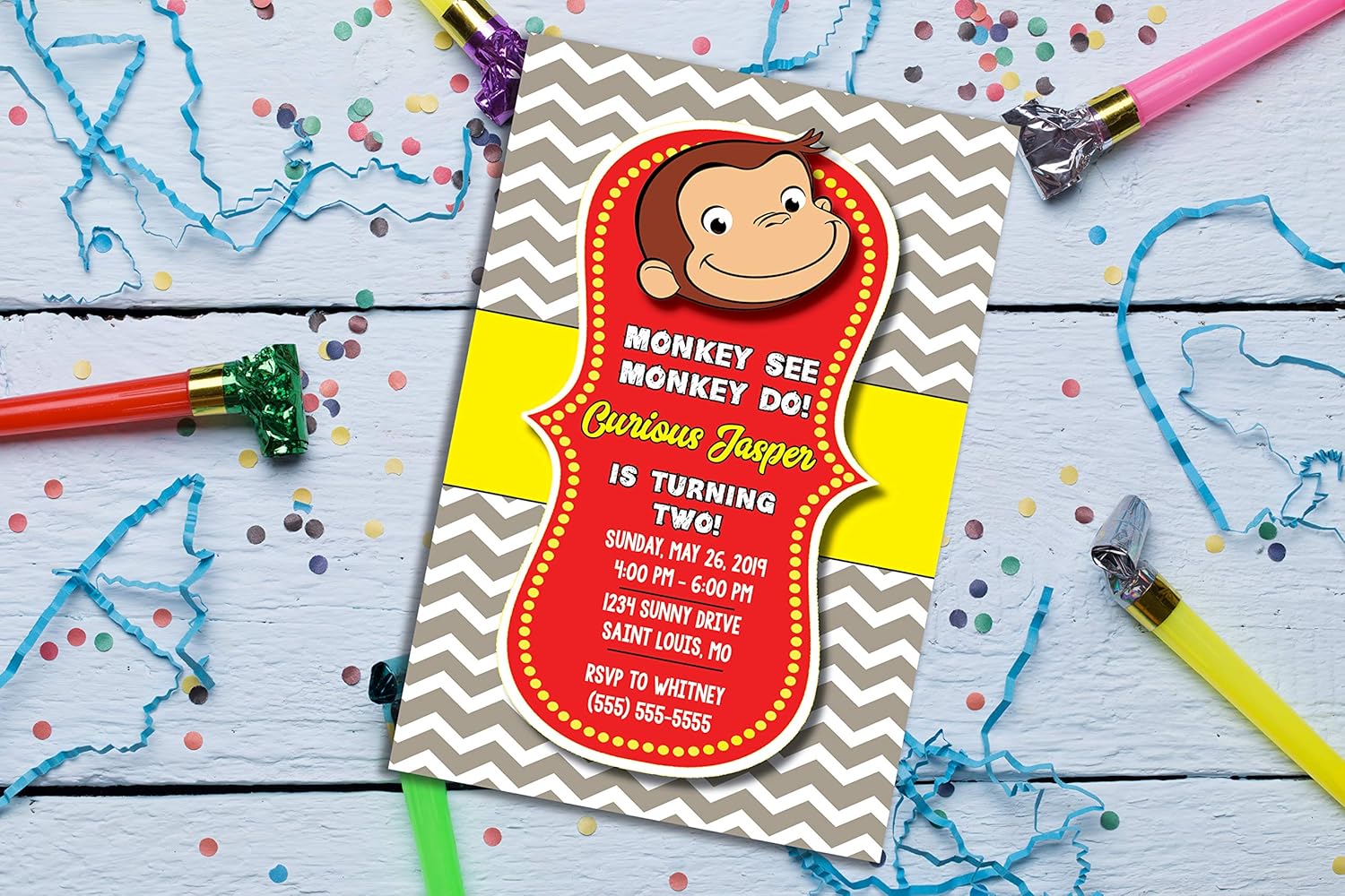 Curious George Inspired Birthday Party Invitation, 20 Invitations per set, Envelopes Included, 5 inches by 7 inches, Party Supplies Invitation Cards