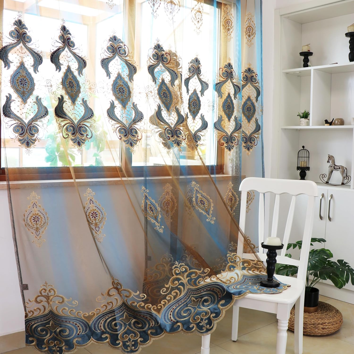 SLOW SOUL Set of 2 Panels Exquisite European Blue Sheer Curtains Golden Floral Embroidered Velvet Sheer Curtain for Living Room Bedroom Dining Room Rod Pocket Blue Tulle 48W X 90L inch Length