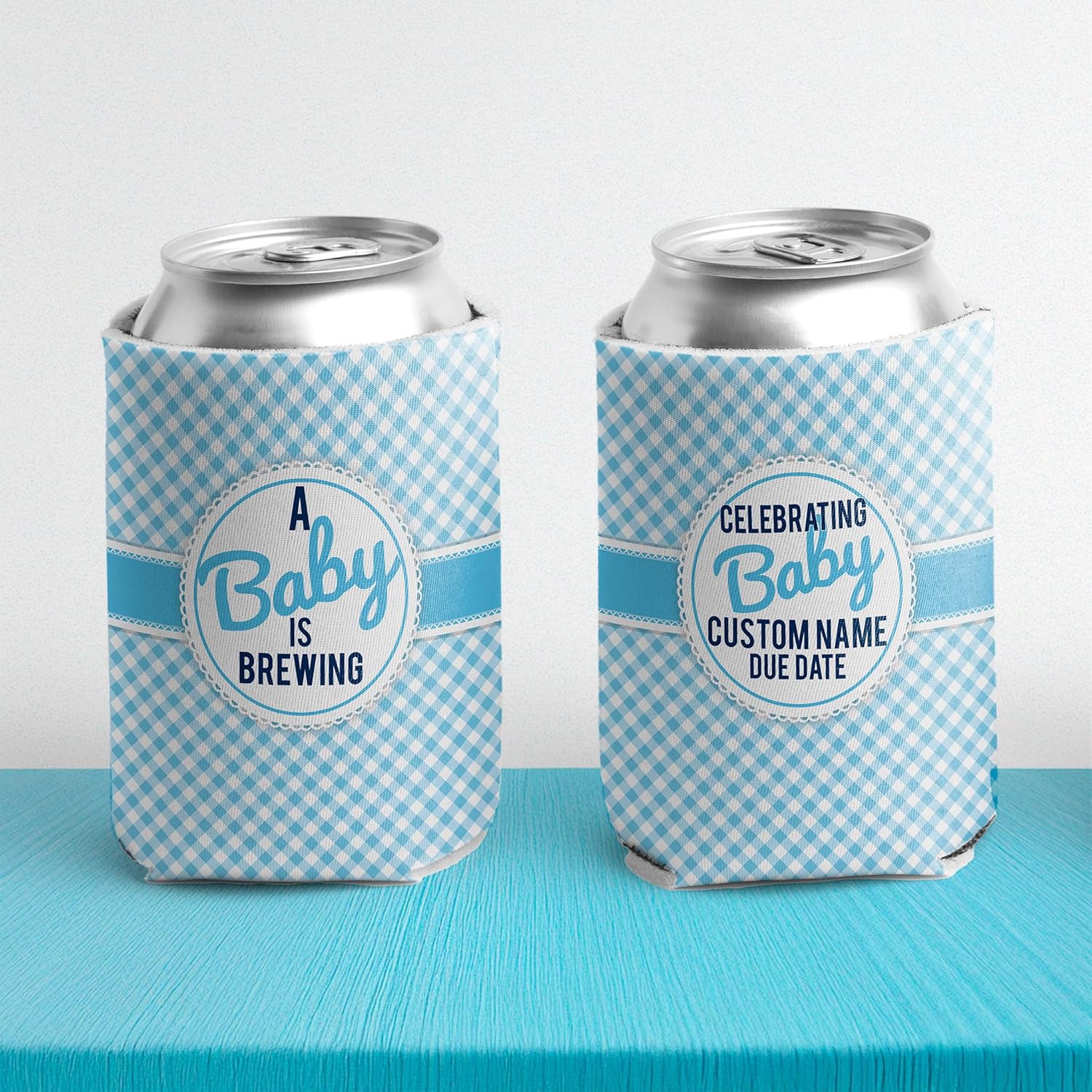 VictoryStore Custom Baby Shower Can Coolers – “A Baby Is Brewing” Baby Boy Design – Set of 24 Personalized Drink Sleeves – Fits 12–16 oz Cans & Bottles – Made in USA