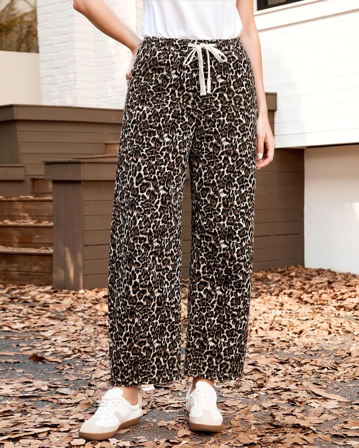 Vetinee Barrel Jeans Women Trendy Wide Leg Leopard Cheetah Pants High Waisted Pull On Drawstring Stretchy Denim Pants - Image 8