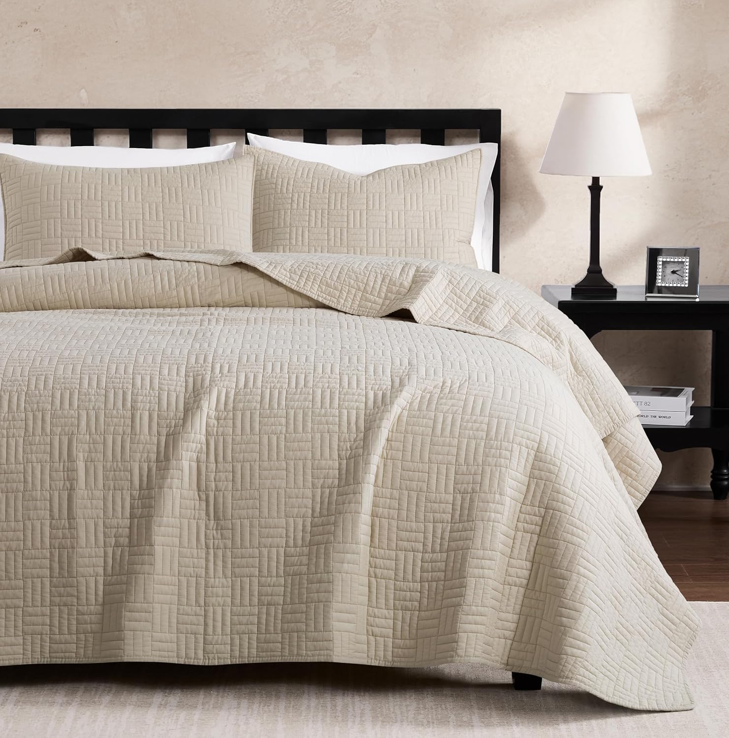 palassio 100% Cotton Textured Light Quilt Set, King, Beige, 3 Pieces