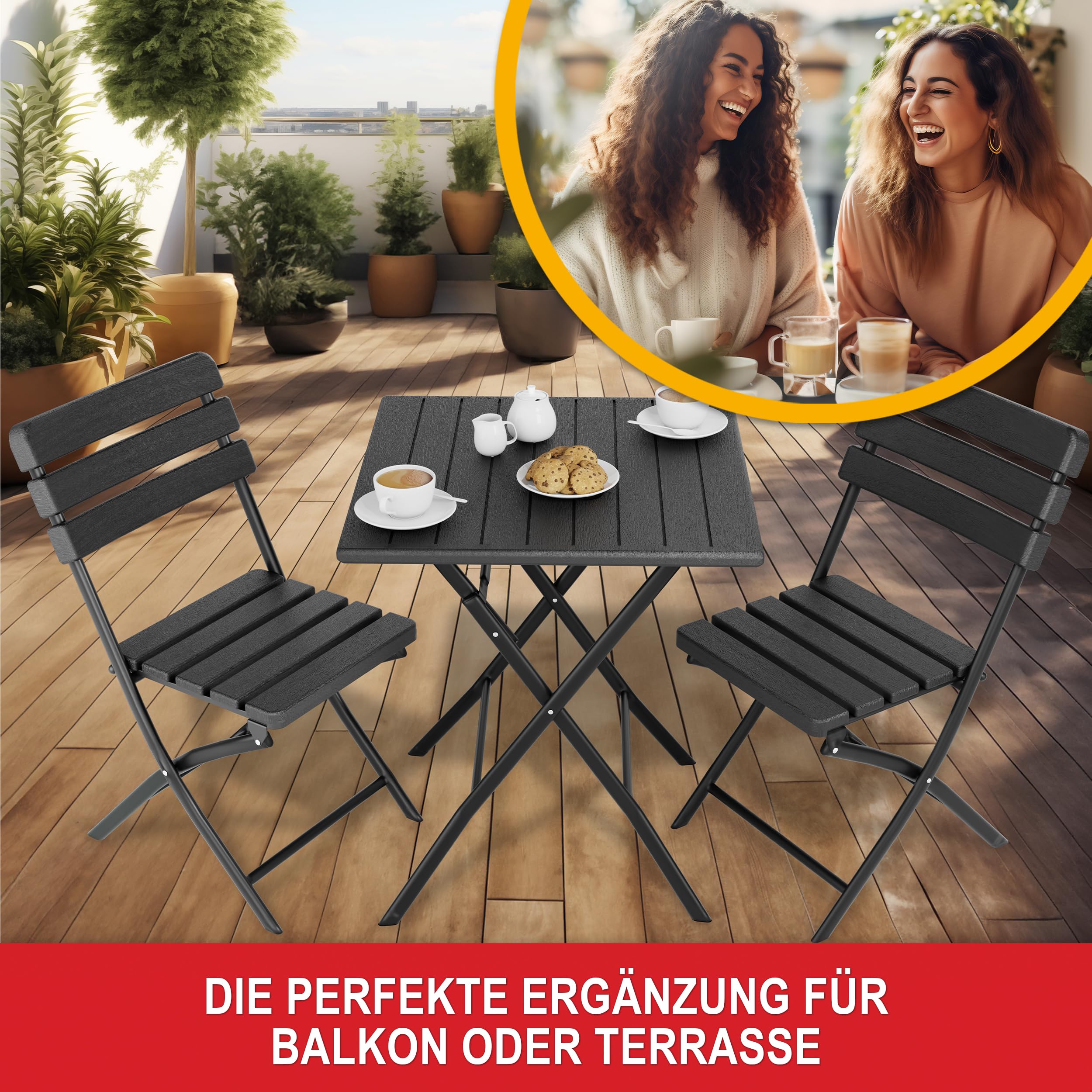 Onbest Balkontisch Set für 2 Personen – 3 teilig – Tisch mit 2 Stühlen – Klapptisch aus robustem Kunststoff in Holz Optik– klappbar – wetterfest – für Balkon, Garten & Terrasse