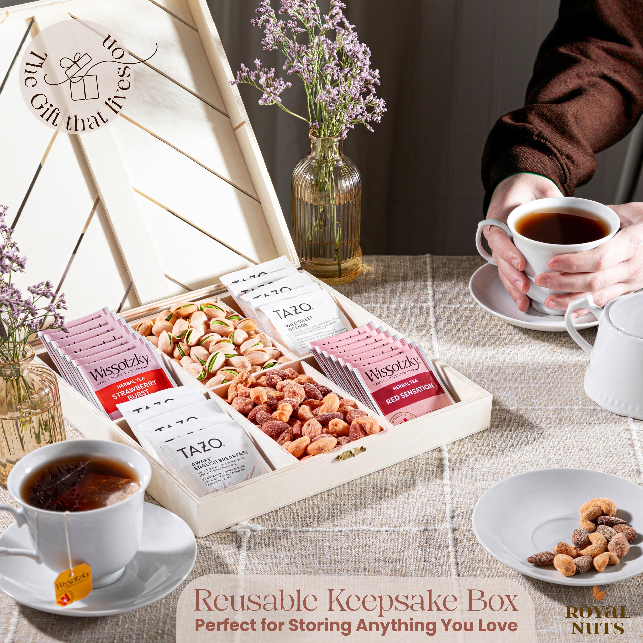 Royal Nuts Gift Basket – Mothers Day Gifts for Mom & Wife, Gourmet Mixed Nuts in Reusable Wooden Crate, Healthy Mothers Day Gift for Grandma & Family