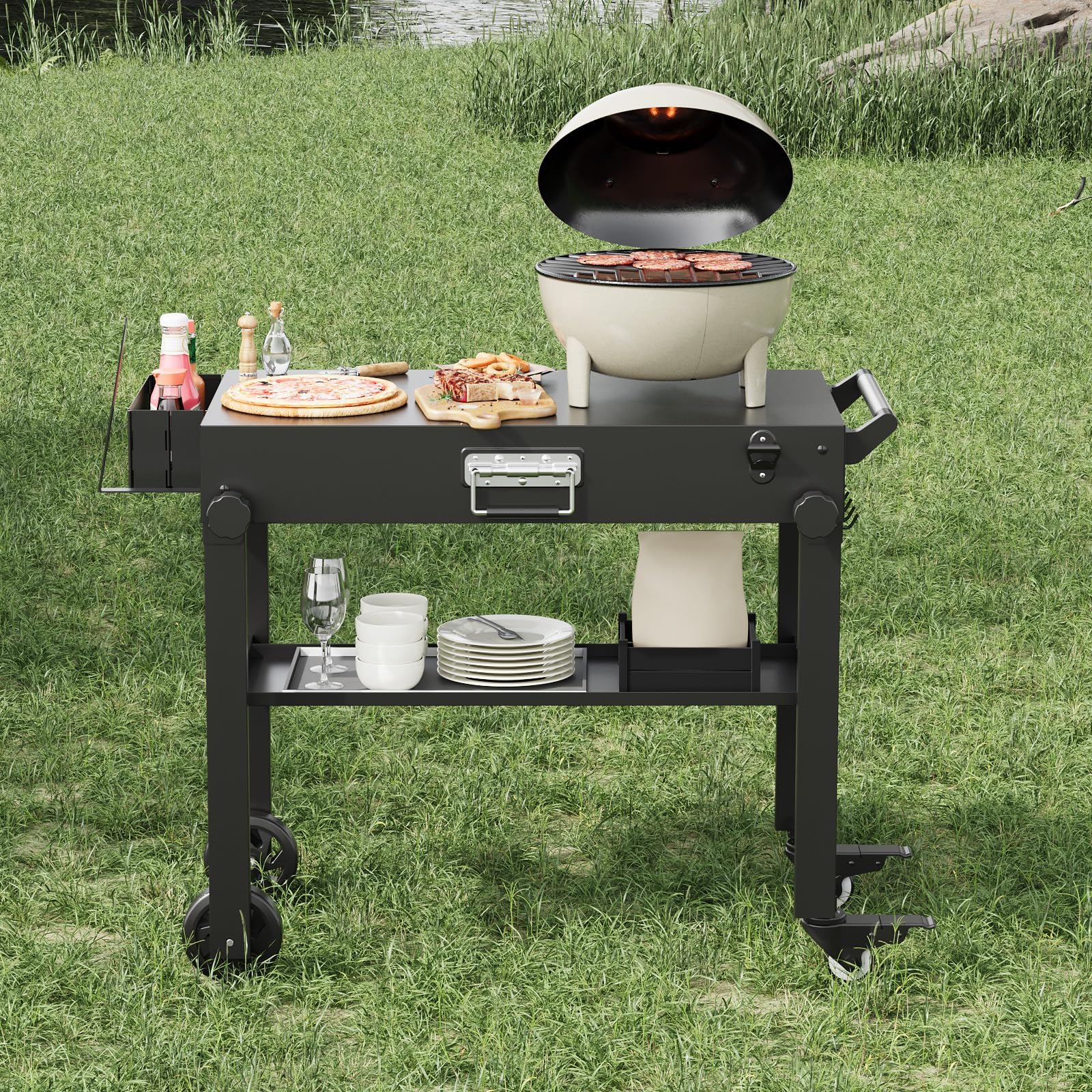 Garvee Chariot Barbecue Pliable pour Plancha, Table Roulante Extérieure