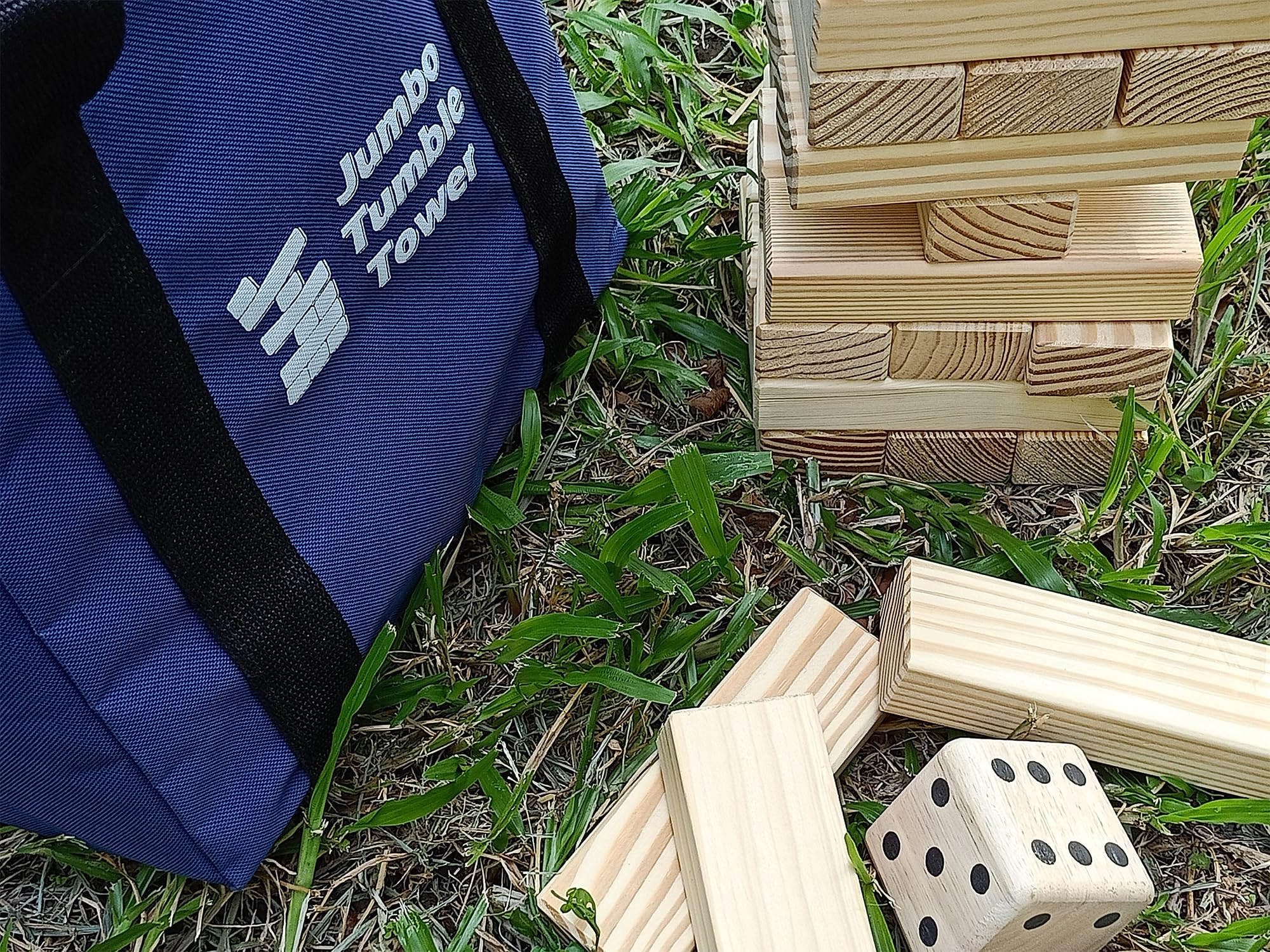 Jac & Mok Tour mobile Tumble Tower - Jeu en bois - Avec sac de transport (54 pièces) avec dés
