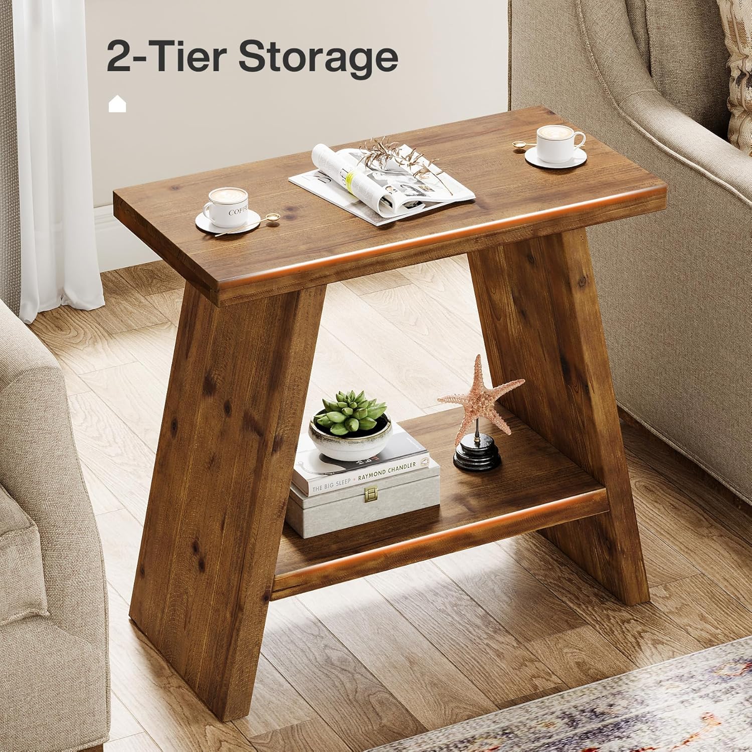 Solid Wood End Table for Living Room, Narrow Small Side Table with 2-Tier Storage, Farmhouse Bedside Nightstand for Bedroom, Small Places, Rustic Brown (1PCS)