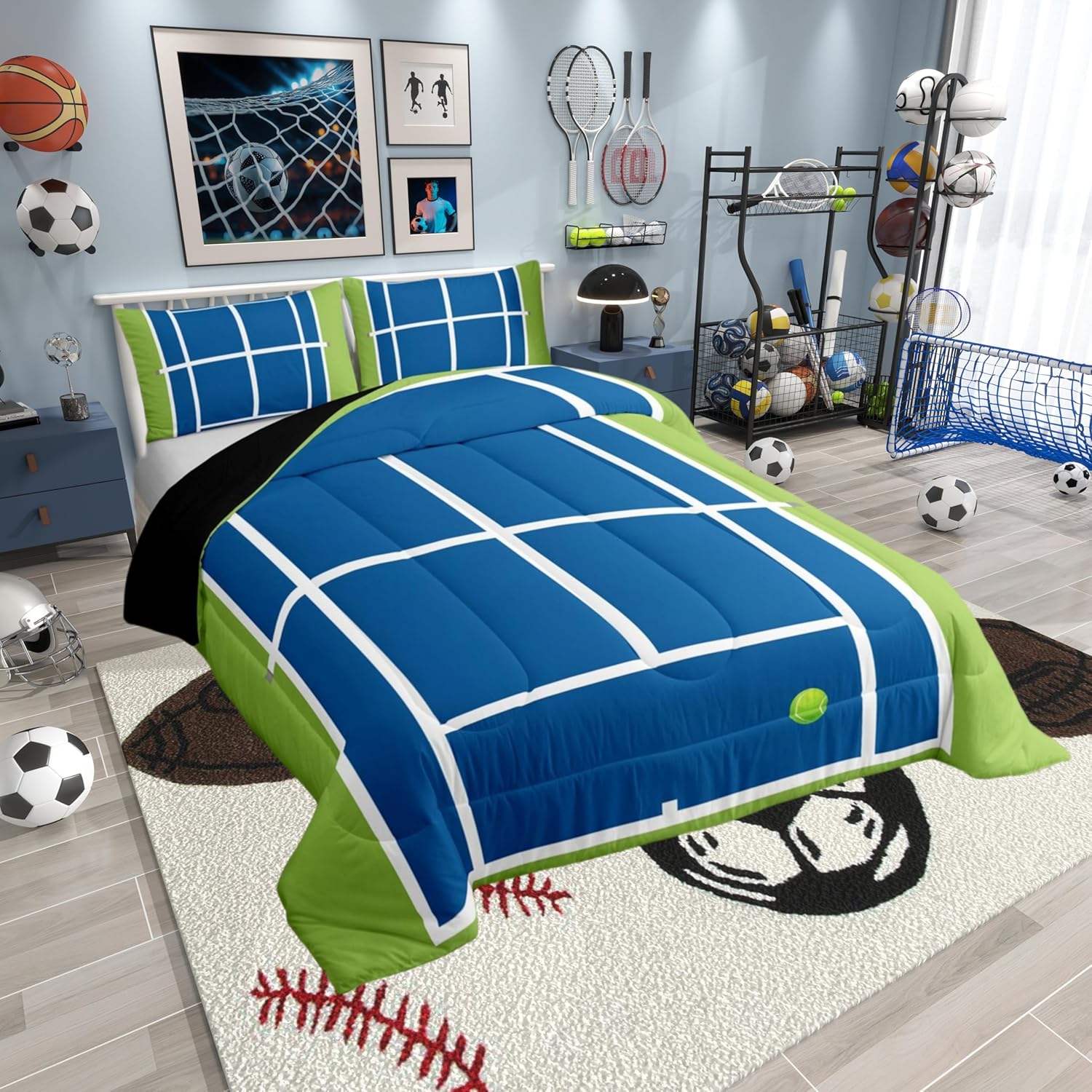 Manfei Tennis Court Bed Set in a Bag 7 Pcs,US Tennis Competition Sports Game Field Bedding Set,Geometric Stripes Patchwork Blue Green Comforter with Fitted,Flat Sheet,Pillowcase,Pillow Covers,Full