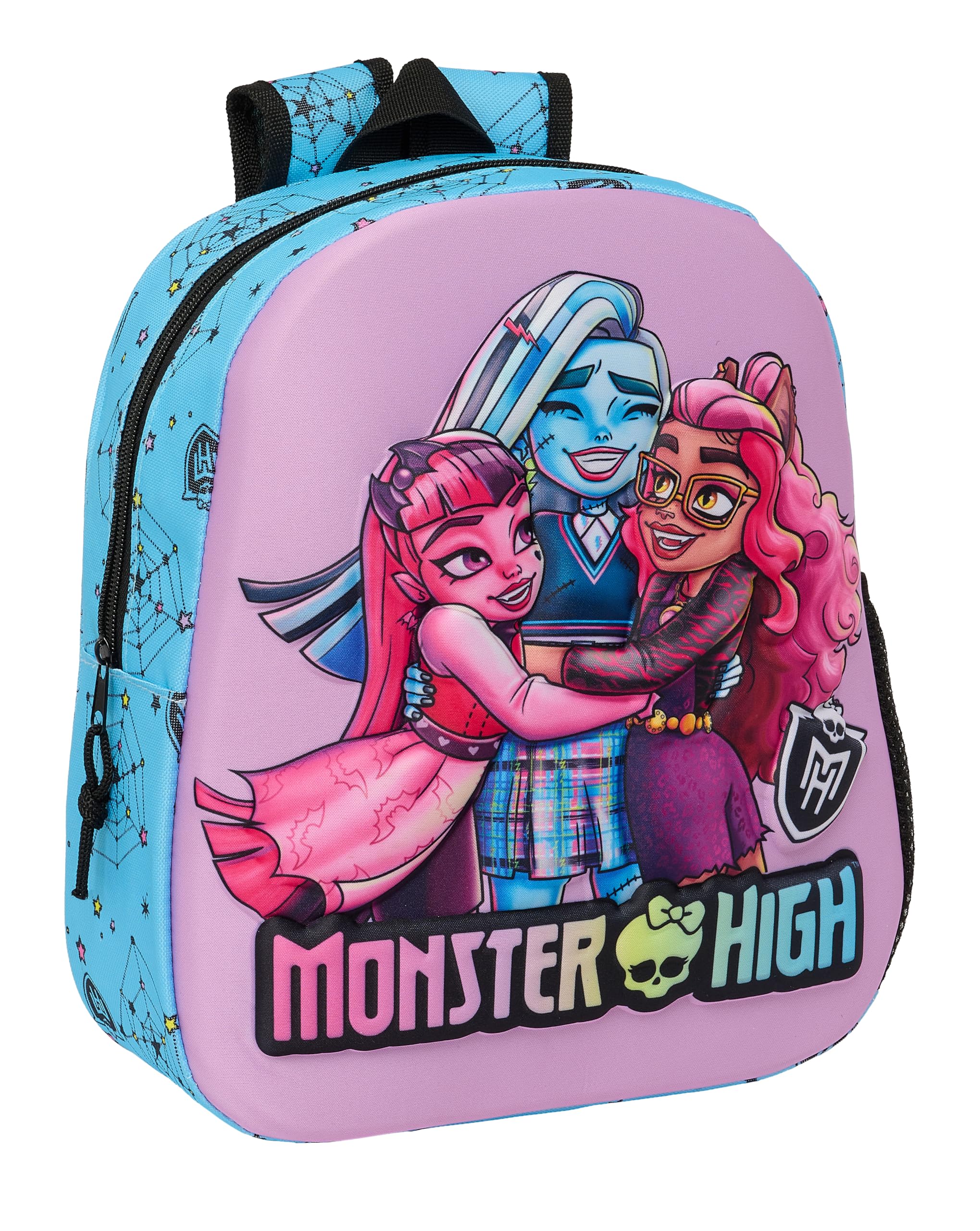 Safta MONSTER HIGH - Mochila Escolar, con Diseño 3D, Adaptable a Carro, Ideal para Niños de Diferentes Edades, Cómoda y Versátil, Calidad y Resistencia, 27x10x33 cm, Color Lila/Azul