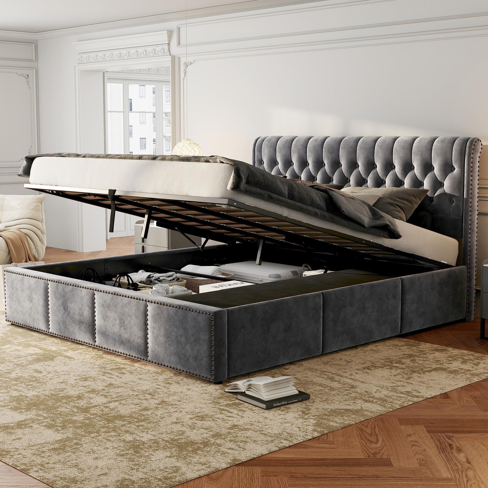 Lit Coffre Double Avec Sommier Hydraulique, Lin Beige, Cadre Métal Et