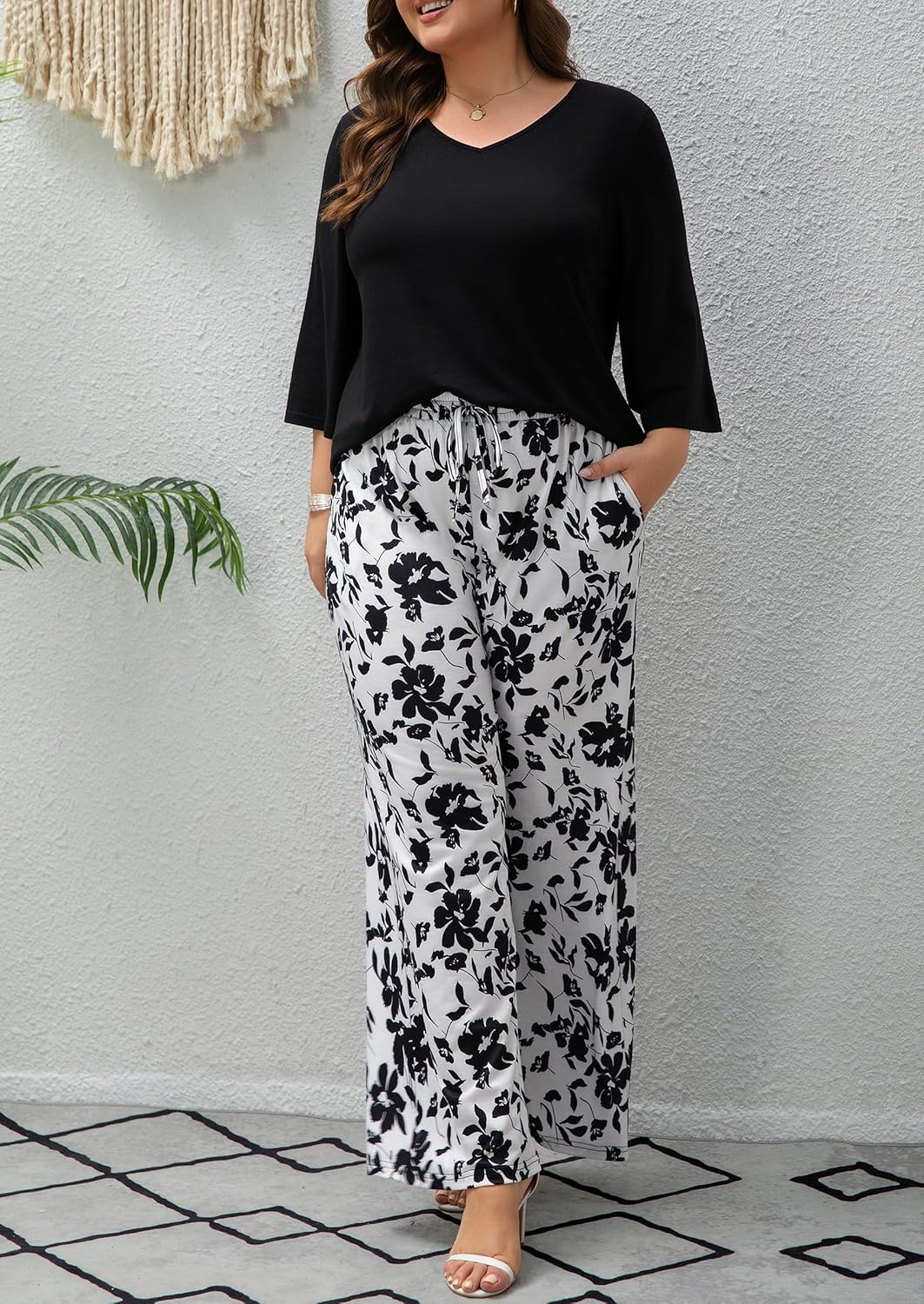 Womens Plus Size Lounge Sets 2 Piece Outfits 3/4 Sleeve Pullover Tops Wide Leg Pants Travel Loungewear - Image 4