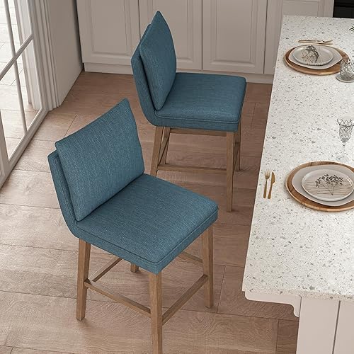 Miniatura 3 de Juego de 2 taburetes de bar tapizados de tela de lino de 27 pulgadas con respaldo extraíblepatas de lavado de piedra para isla