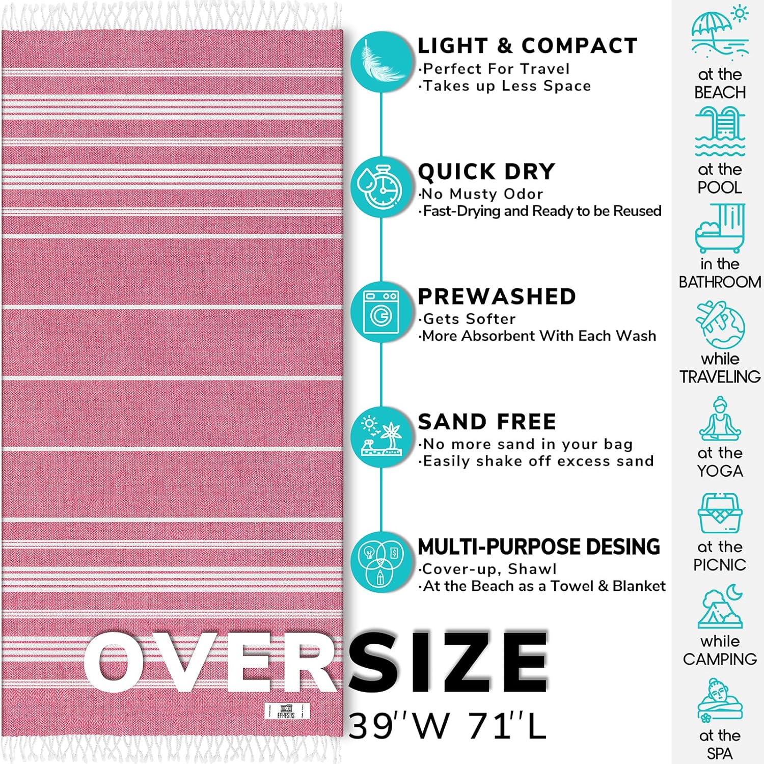 EPHESUS TOWELS Turkish Beach Towel - 38x70 inch Oversized - Sultan Design - Turkish Towel for Beach, Bath, Pool, Gym, Yoga - Prewashed, Lightweight, Quick Dry (Soft Pink)