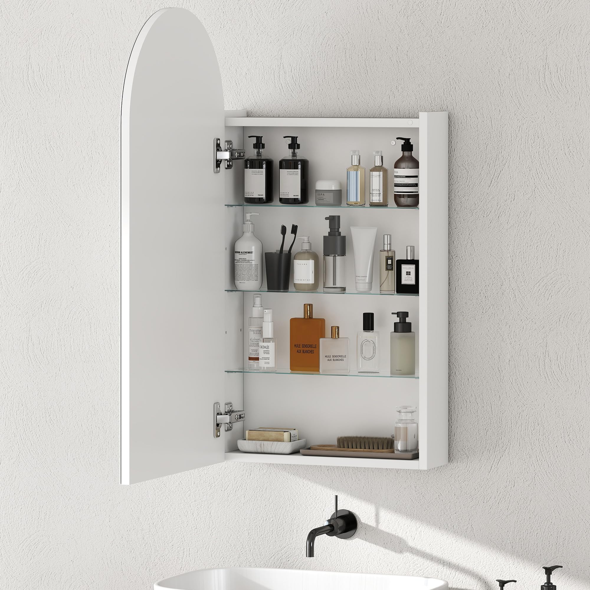 HOMCOM Wandschrank für Badezimmer mit Spiegel, 40 x 12 x 80 cm, Badezimmermöbel, rahmenloser Spiegelschrank mit Bogen und verstellbaren Glasböden, weiß