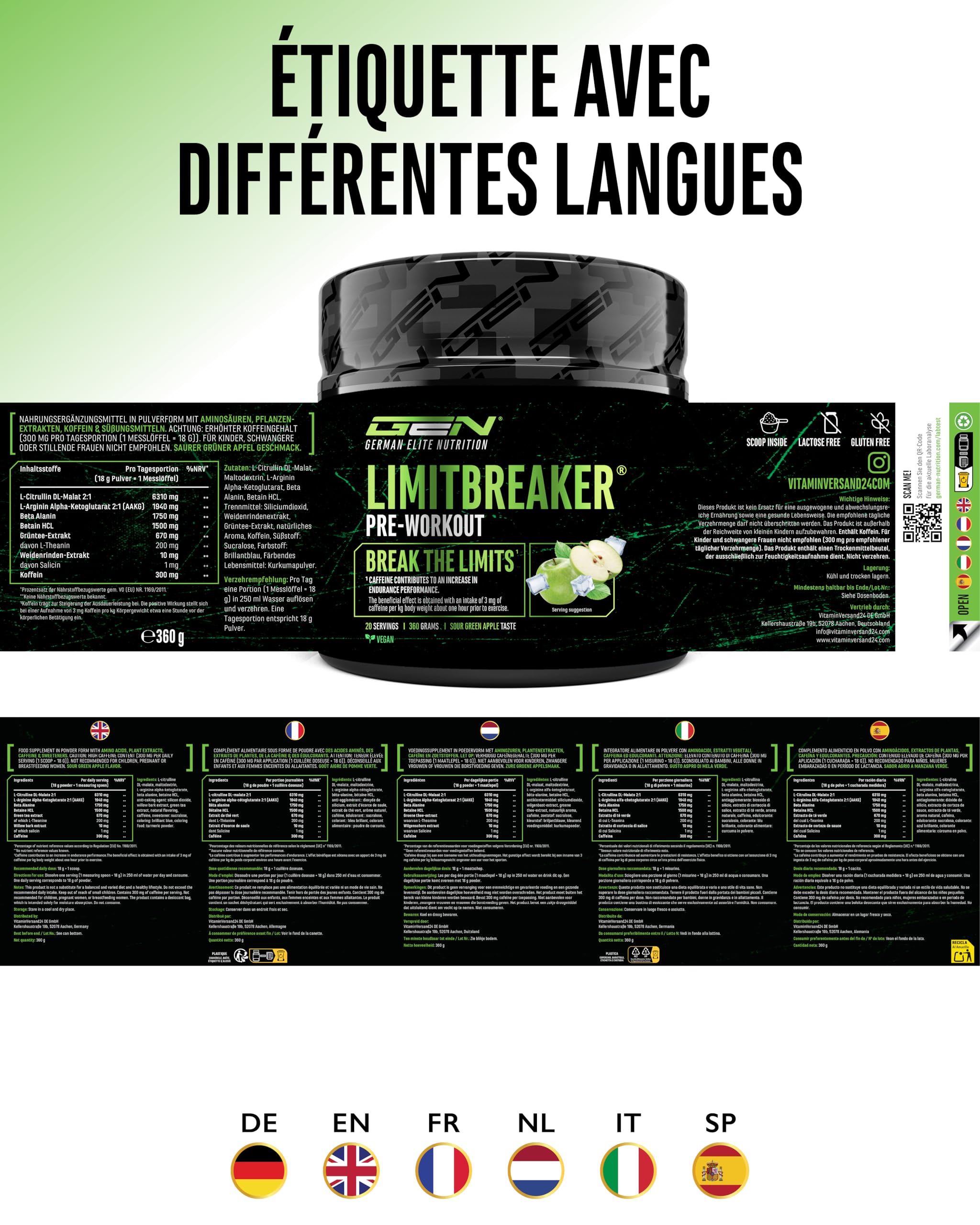 LIMITBREAKER® Pre Workout Booster avec Caféine 300 mg - Goût Pomme Verte Acide - avec L Citrulline, AAKG, Bêta Alanine & L Théanine - Haut Dosage - 360 g Poudre 20 Portions - Végan