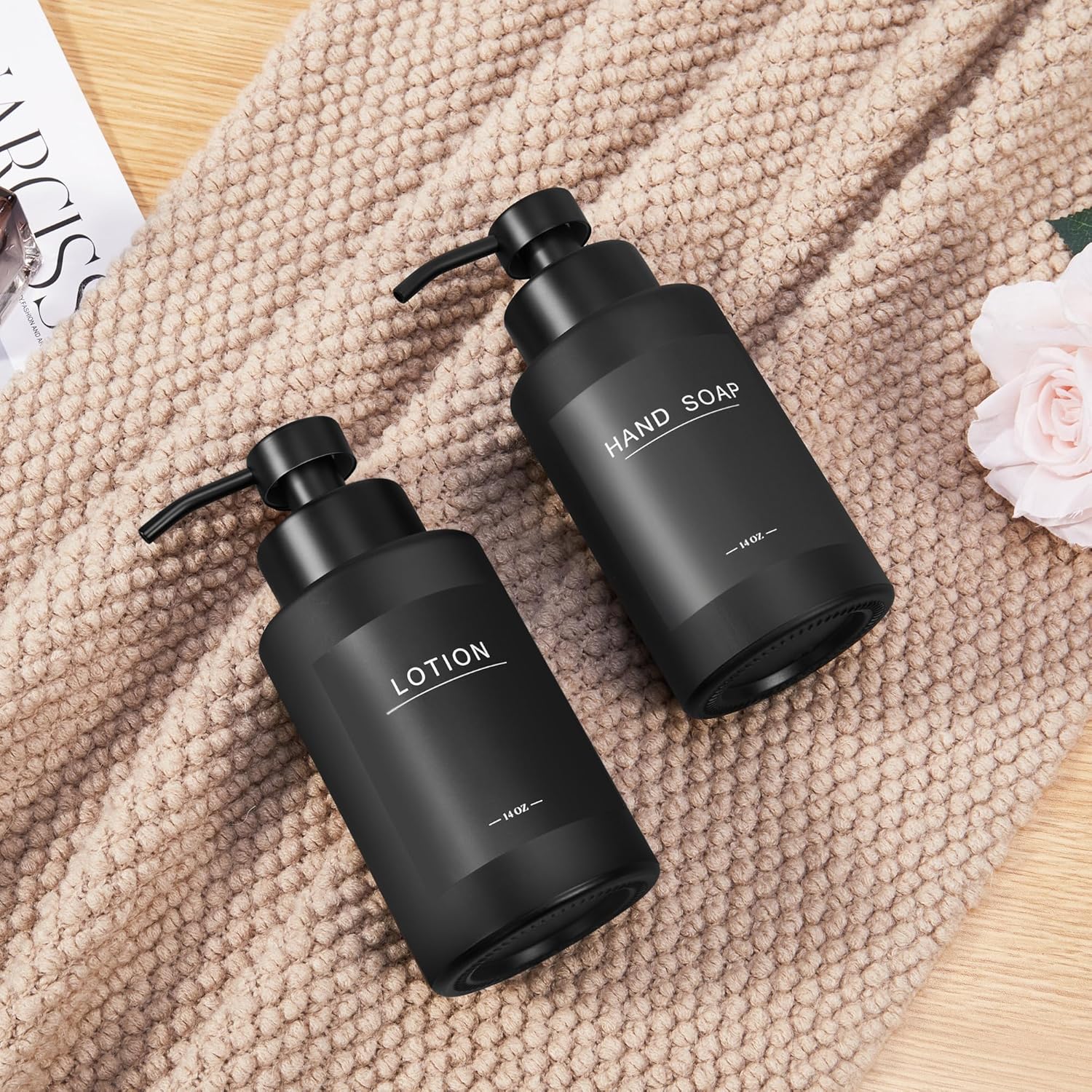 Thick Glass Soap Dispenser Set,14oz Bathroom Hand Liquid Soap Dispensers with Stainless Steel Pump,Dish Soap Dispenser,Soap Dispenser for Bathroom,Kitchen (Black)