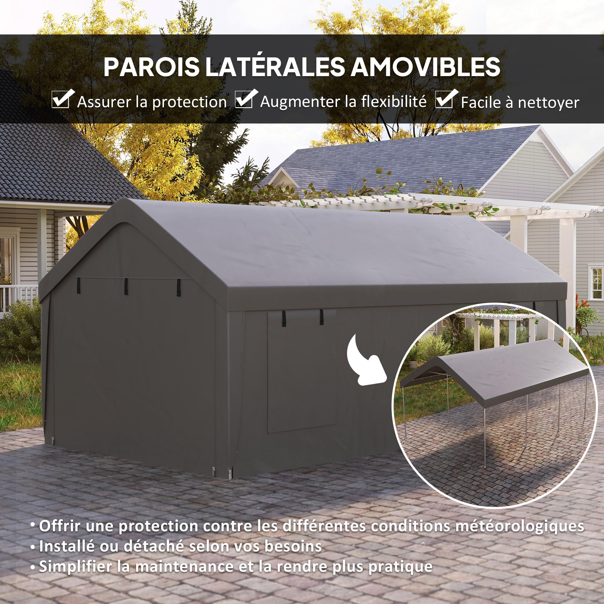 Outsunny Carport Tente de Garage 3 x 6 m abri Voiture extérieur Tente de Stockage avec parois latérales Amovibles, 2 Portes enroulables et 4 fenêtres, pour Camion, Bateau, Gris foncé