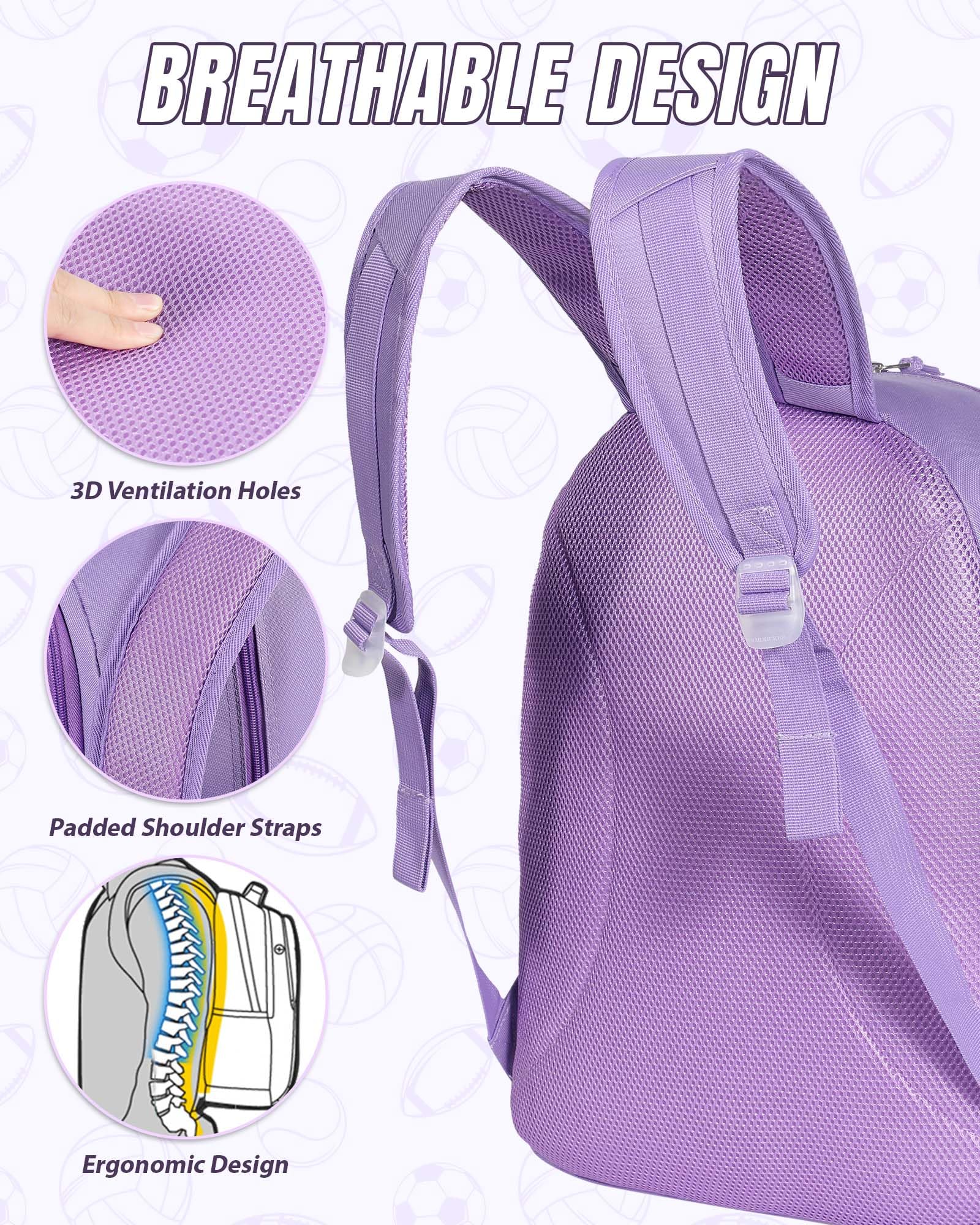 TRAILKICKER Mochila de baloncesto de 30 L, bolsa de fútbol morada con soporte para pelota, compartimento para zapatos, resistente al agua, transpirable, mochila multideportiva para voleibol, fútbol