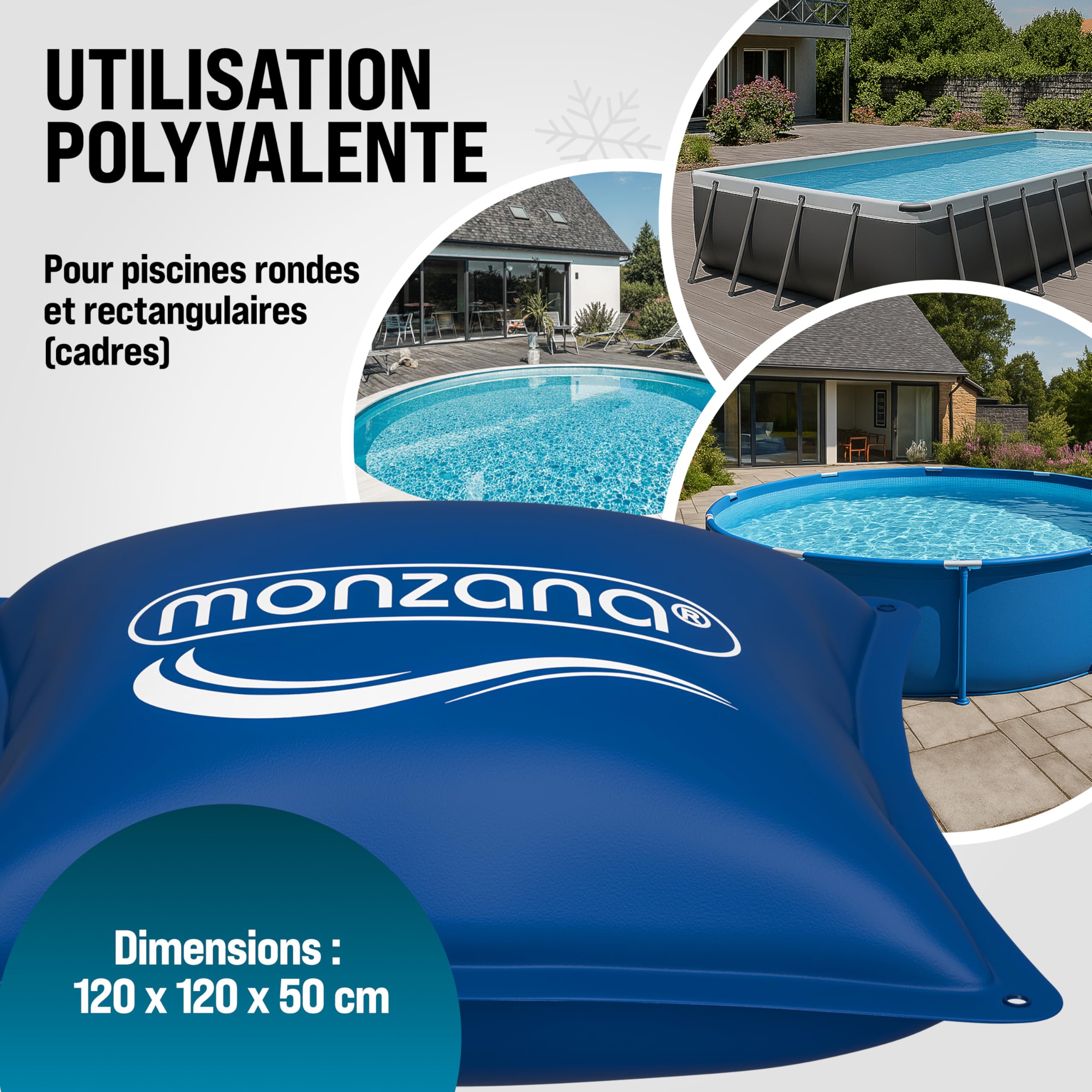 MONZANA® 4X Coussin de Piscine hivernage XL Corde PVC -20°C Double Couture 4 Oeillets Coussin Gonflable Oreiller Piscine Coussin Flottant Valve air | corde, double couture, 4 œillets, coussin gonflable, flottant, ballon, 120x120cm, eau chlorée, 0,44mm, ne