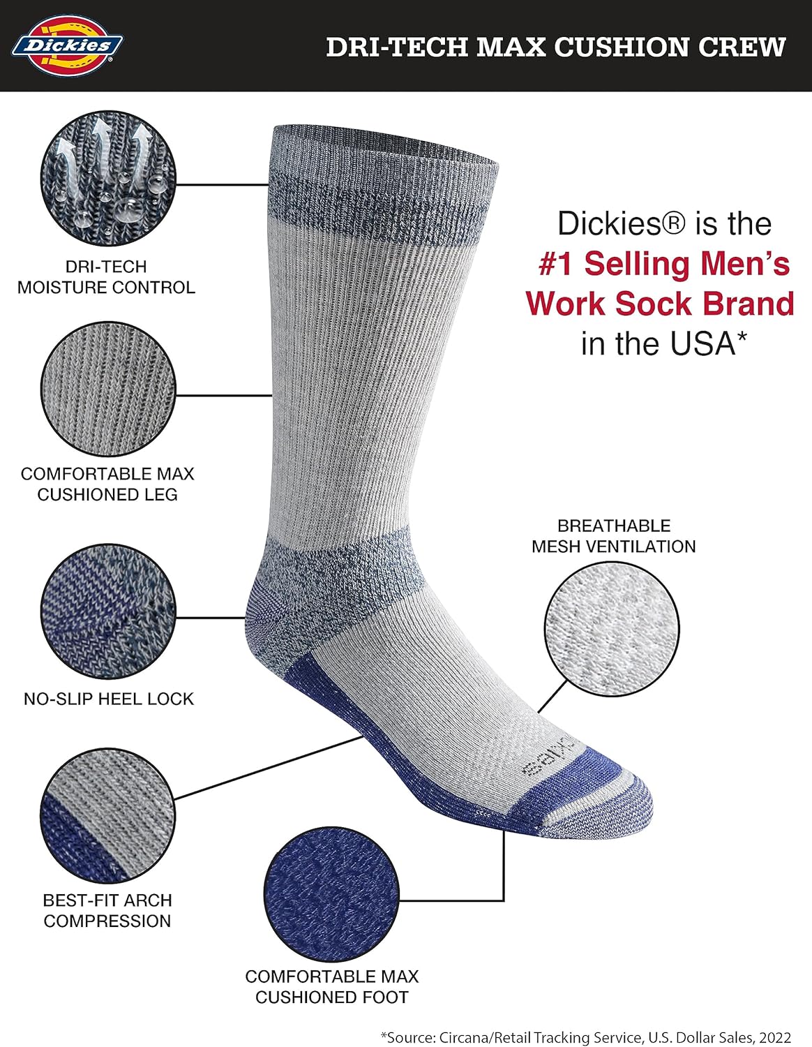 Dickies Men's Dri-tech Moisture Control Max Full Cushion Crew Socks, Available in M-xl (6, 12 Pairs) - Image 3