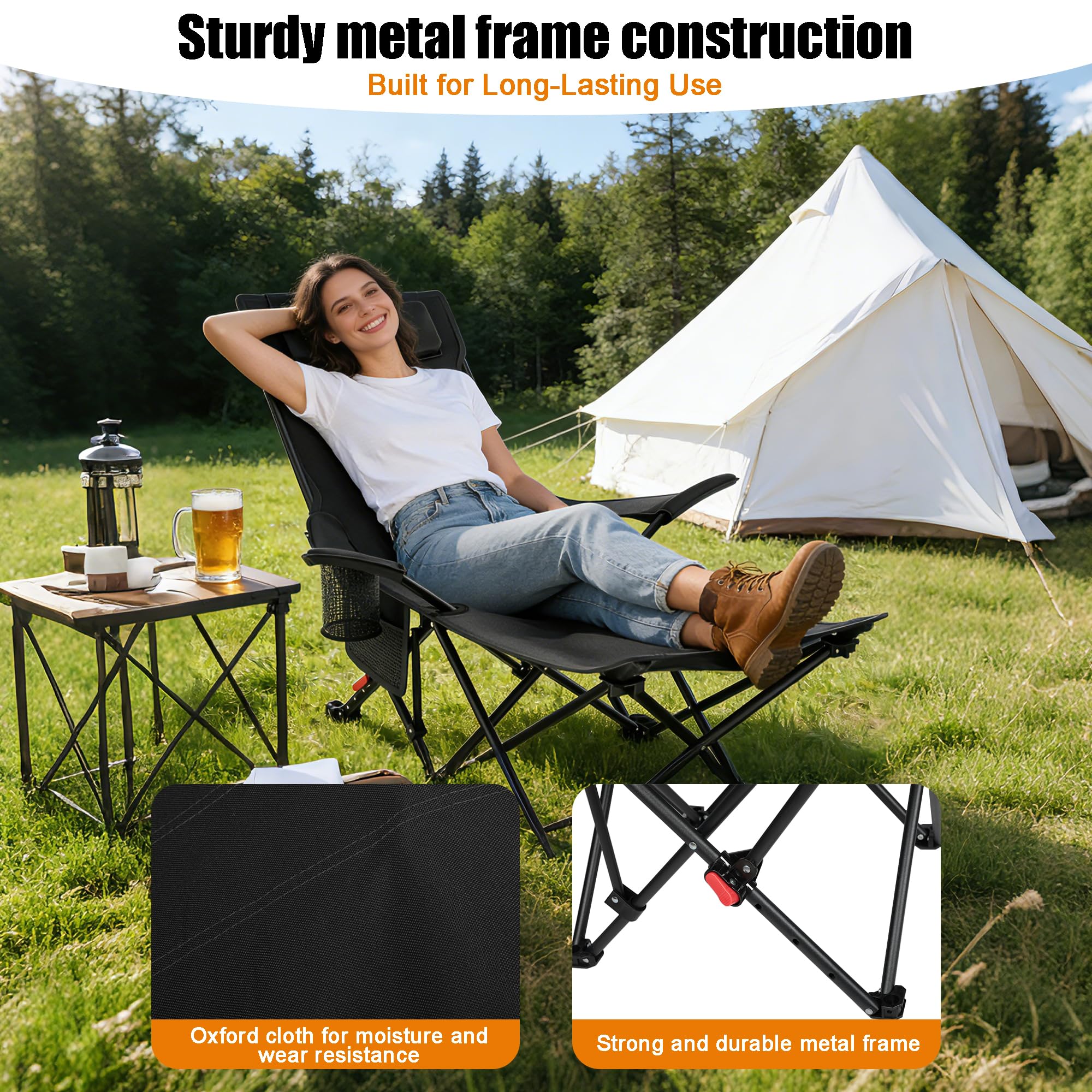 Campingstuhl Faltbar, 4 Verstellbar Winkel Strandstuhl, Klappstuhl Camping Stuhl Leicht Angelstuhl Klappbar, Hohe Lehne mit Tragetasche Gartenstuhl für Garten Outdoor Strand Wandern (Schwarz)