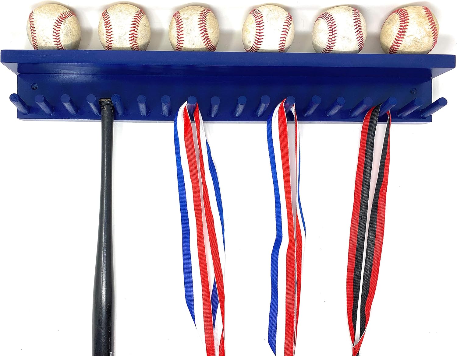 Award Medal Ribbons Display Rack and Trophy Wall Shelf 18 Medals Ball Holder Baseball Mini Bats 6 Baseball