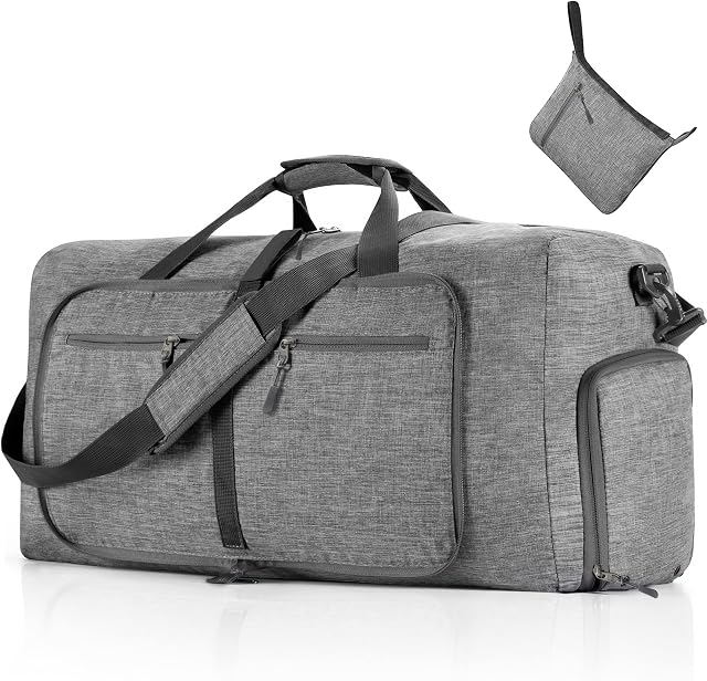 Travel Duffle Bag for Men, 65L Foldable Travel Duffel Bag with Shoes Compartment Overnight Bag Holdall Bag for Men Women Waterproof & Tear Resistant (Grey)