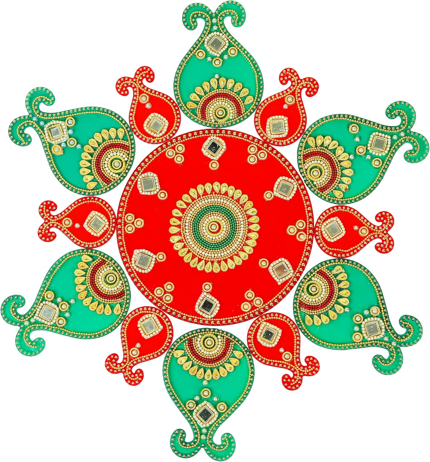 Designer Floor Rangoli Reusable Round Acrylic Rangoli Indian Traditional Home Decor Gift for Home Interior Floor Decorations Festival Diwali Decoration and Gifting(Size:-14")(Red & Green)