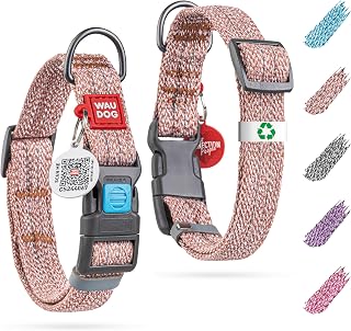 WAUDOG Reflective Cotton Dog Collar - Eco-Friendly Alternative to Nylon - Adjustable Collar for Small, Medium & Large Dogs - QR ID Tag Included